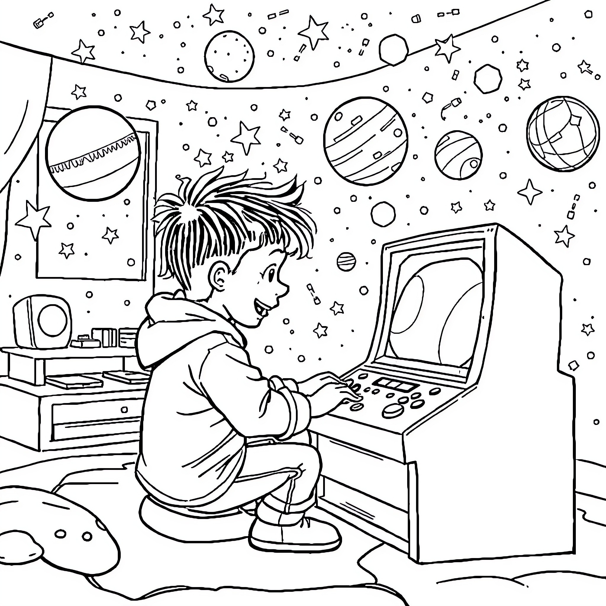 Child playing video games in a cosmic space Coloring Page (free black-and-white line drawing printable PDF for all, from beginners to advanced learners, including children, teens, adults, and seniors)