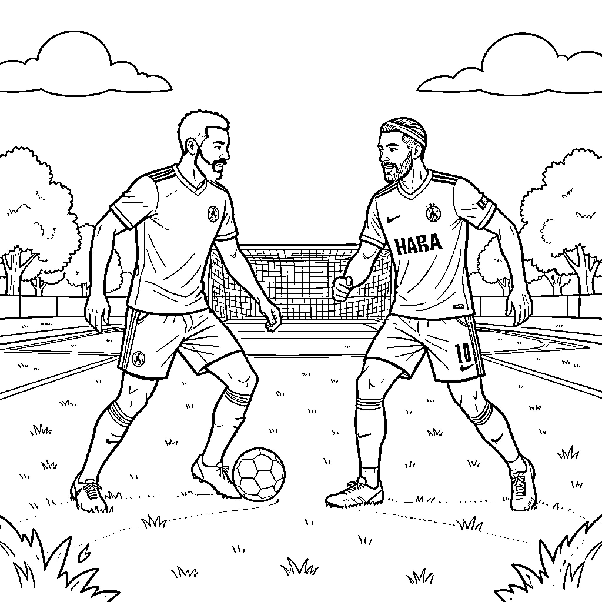 Williams playing soccer with teammate on field Coloring Page (free black-and-white line drawing printable PDF for all, from beginners to advanced learners, including children, teens, adults, and seniors)