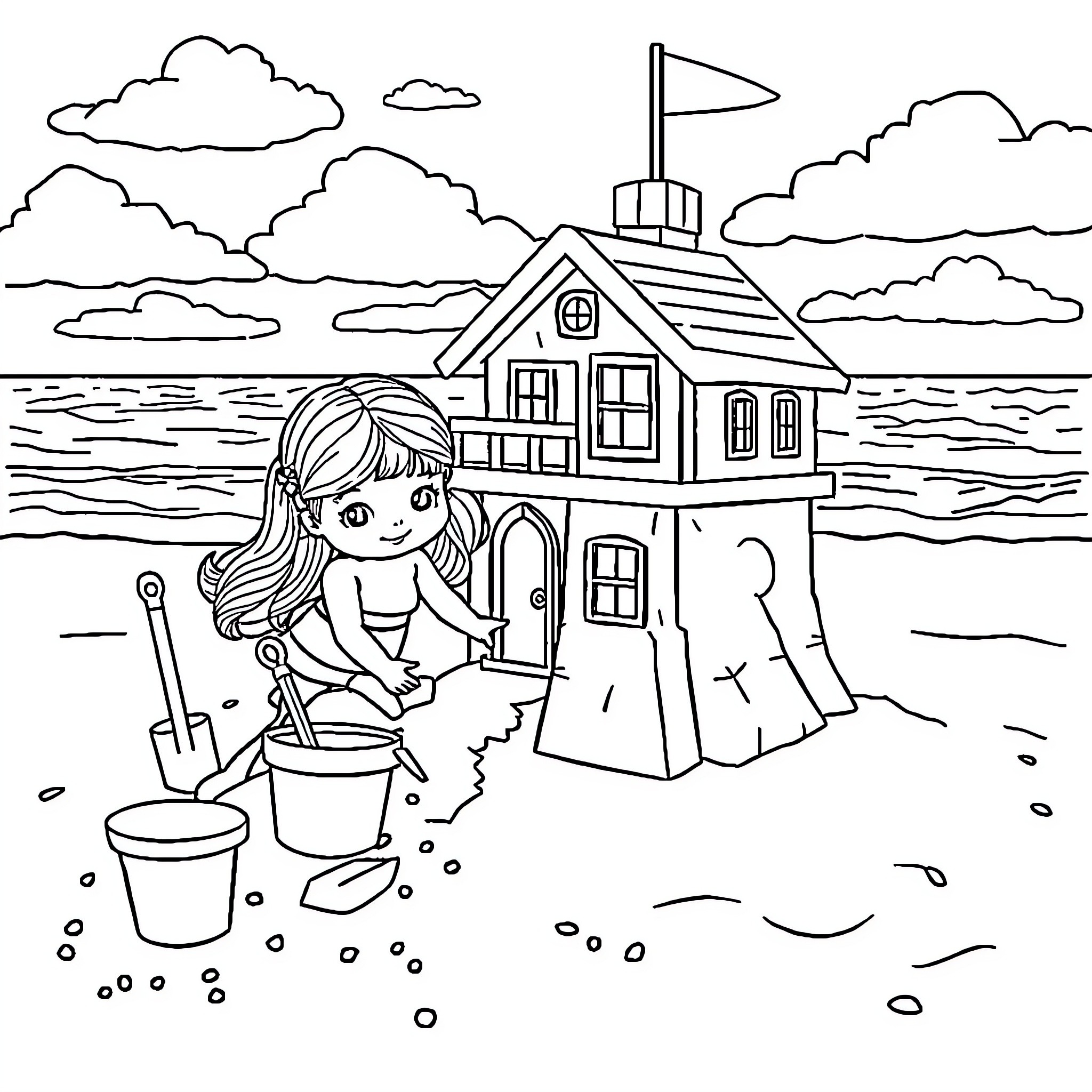 Gabby Dollhouse playing by the beach Coloring Page (free black-and-white line drawing printable PDF for all, from beginners to advanced learners, including children, teens, adults, and seniors)