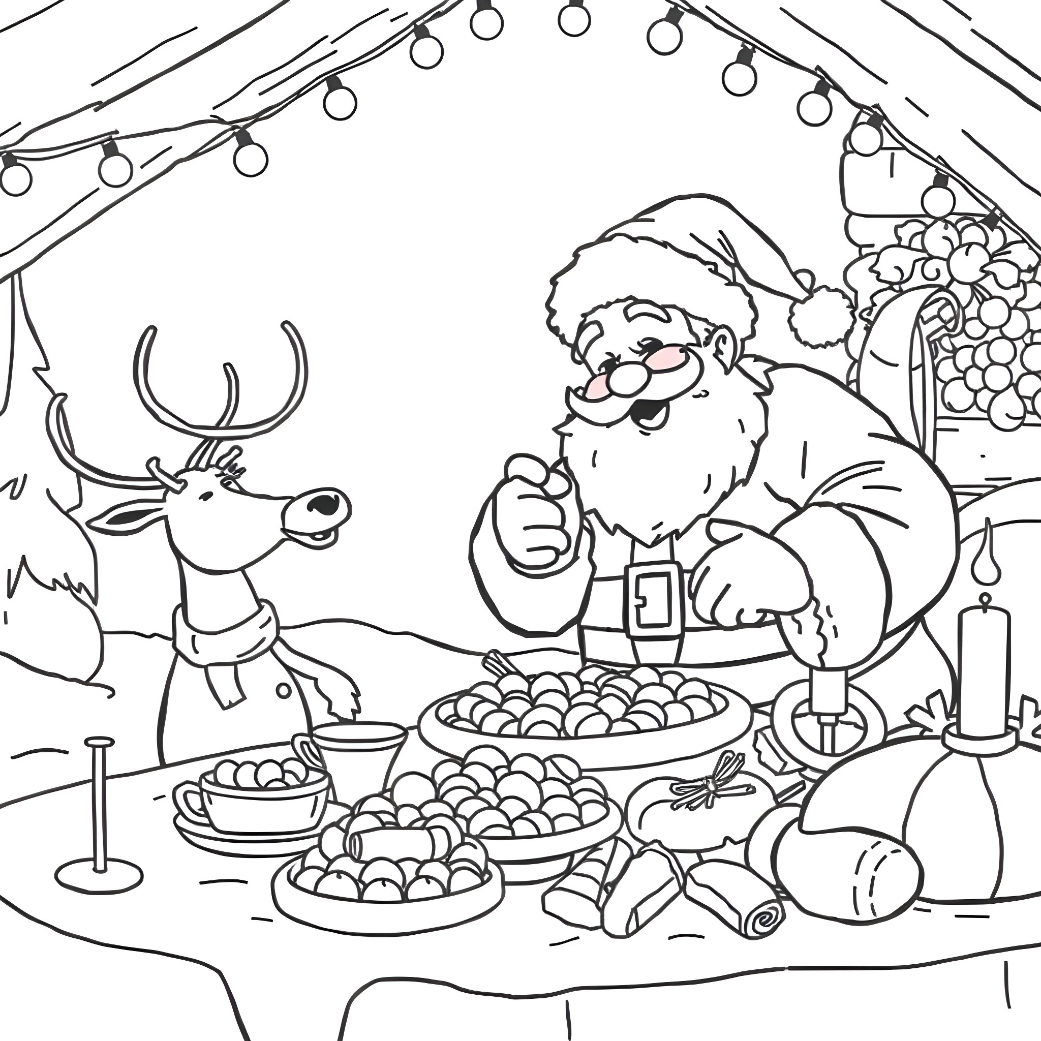 Santa Claus enjoying a festive meal with reindeer Coloring Page (free black-and-white line drawing printable PDF for all, from beginners to advanced learners, including children, teens, adults, and seniors)