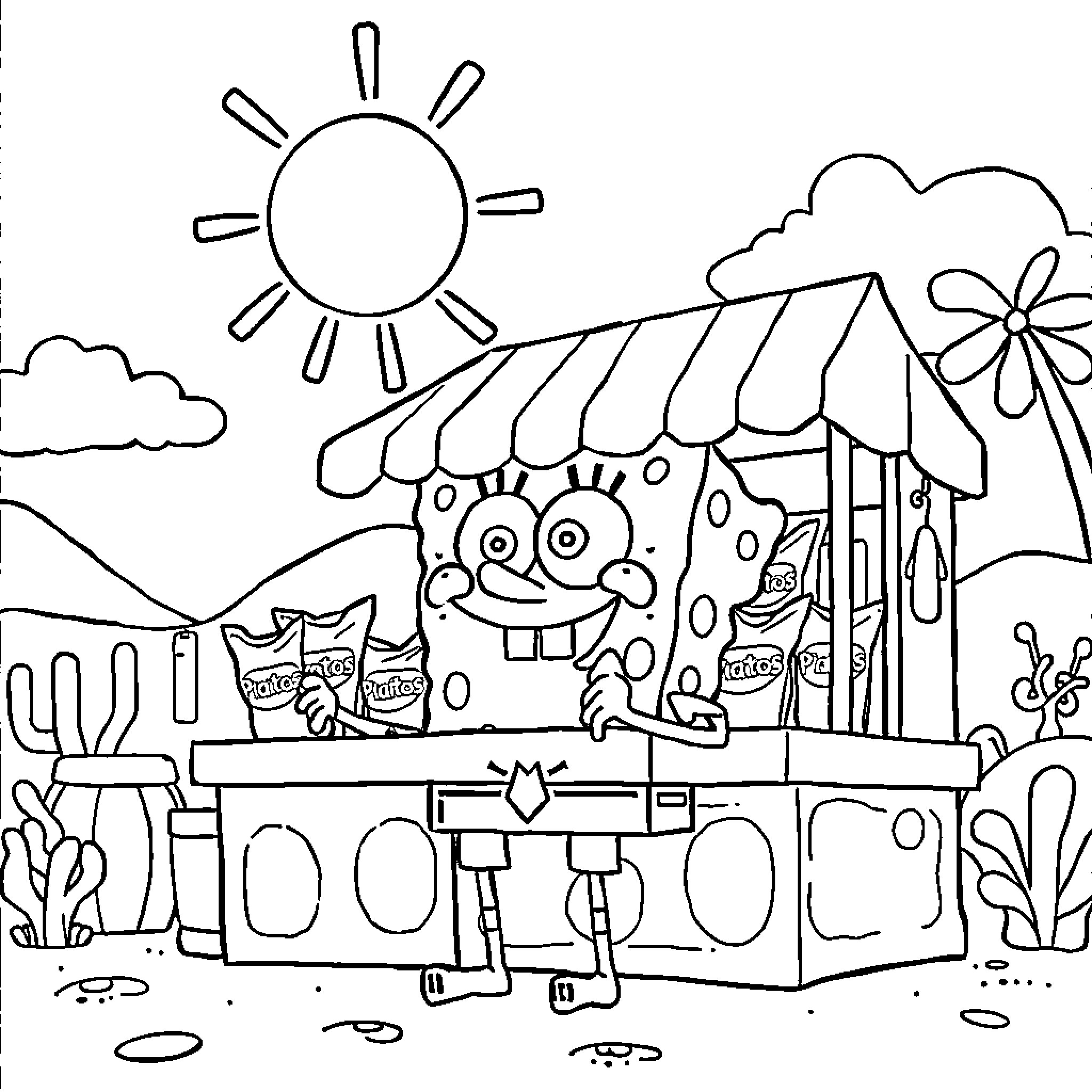 Spongebob enjoying a sunny day at the beach Coloring Page (free black-and-white line drawing printable PDF for all, from beginners to advanced learners, including children, teens, adults, and seniors)