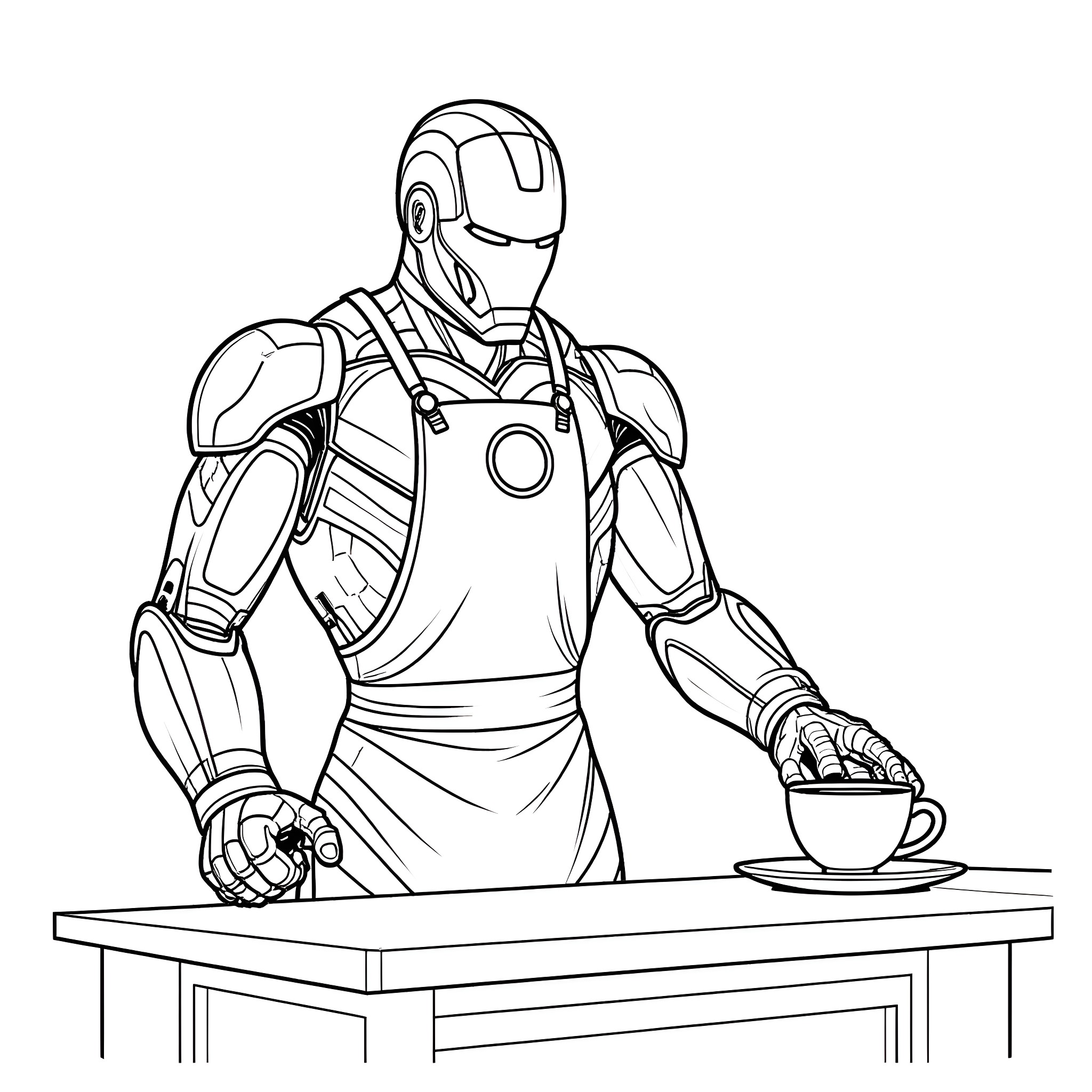 Ironman in action with coffee mug on table Coloring Page (free black-and-white line drawing printable PDF for all, from beginners to advanced learners, including children, teens, adults, and seniors)