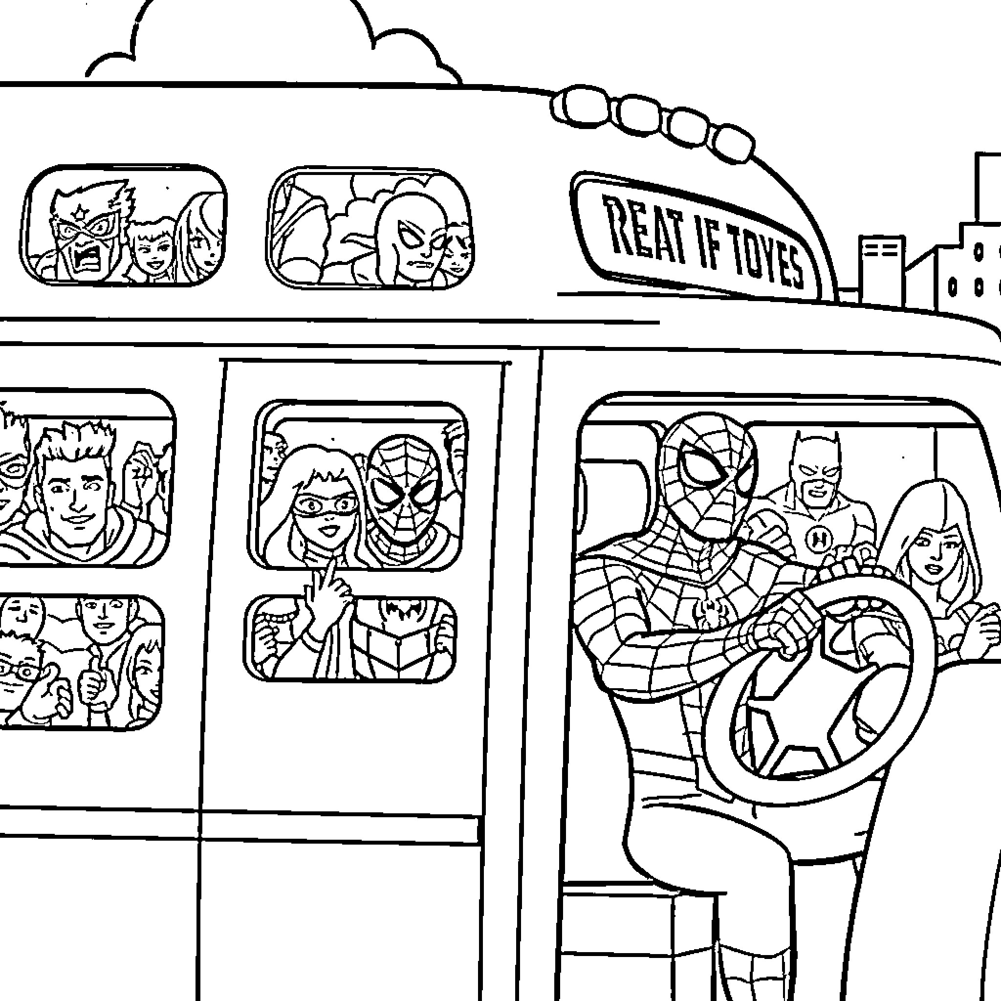 Spider-Man and friends on a train ride Coloring Page (free black-and-white line drawing printable PDF for all, from beginners to advanced learners, including children, teens, adults, and seniors)