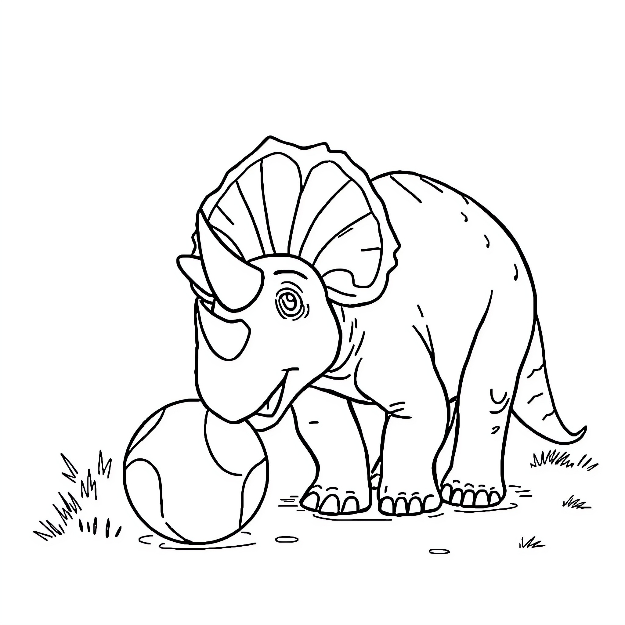Triceratops explores the prehistoric landscape Coloring Page (free black-and-white line drawing printable PDF for all, from beginners to advanced learners, including children, teens, adults, and seniors)