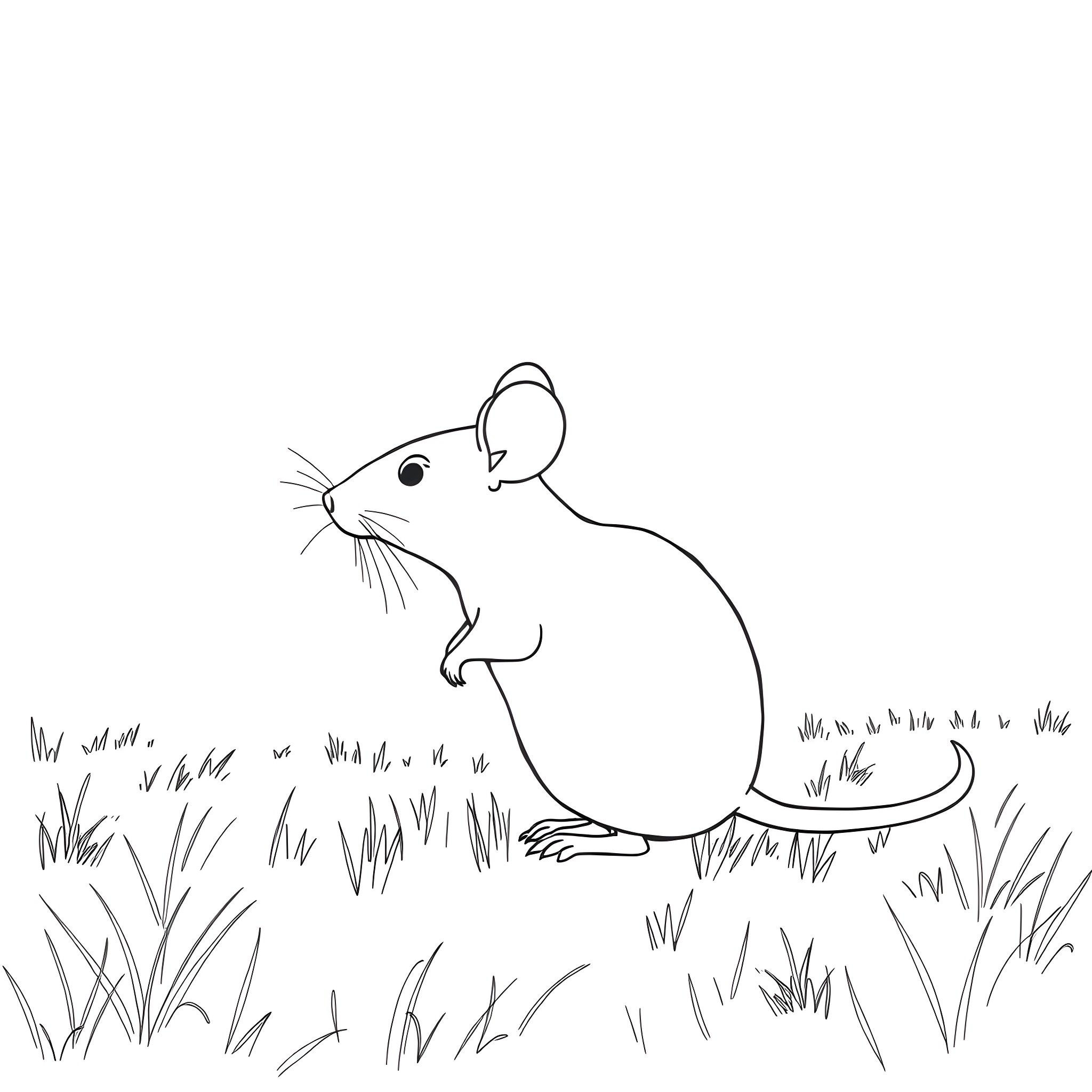 Mouse exploring grassy field Coloring Page (free black-and-white line drawing printable PDF for all, from beginners to advanced learners, including children, teens, adults, and seniors)