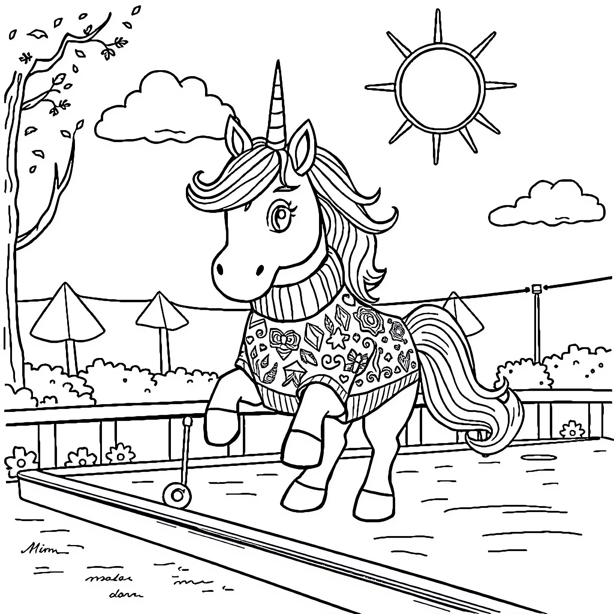 Unicorn enjoying a sunny day at the pool Coloring Page (free black-and-white line drawing printable PDF for all, from beginners to advanced learners, including children, teens, adults, and seniors)