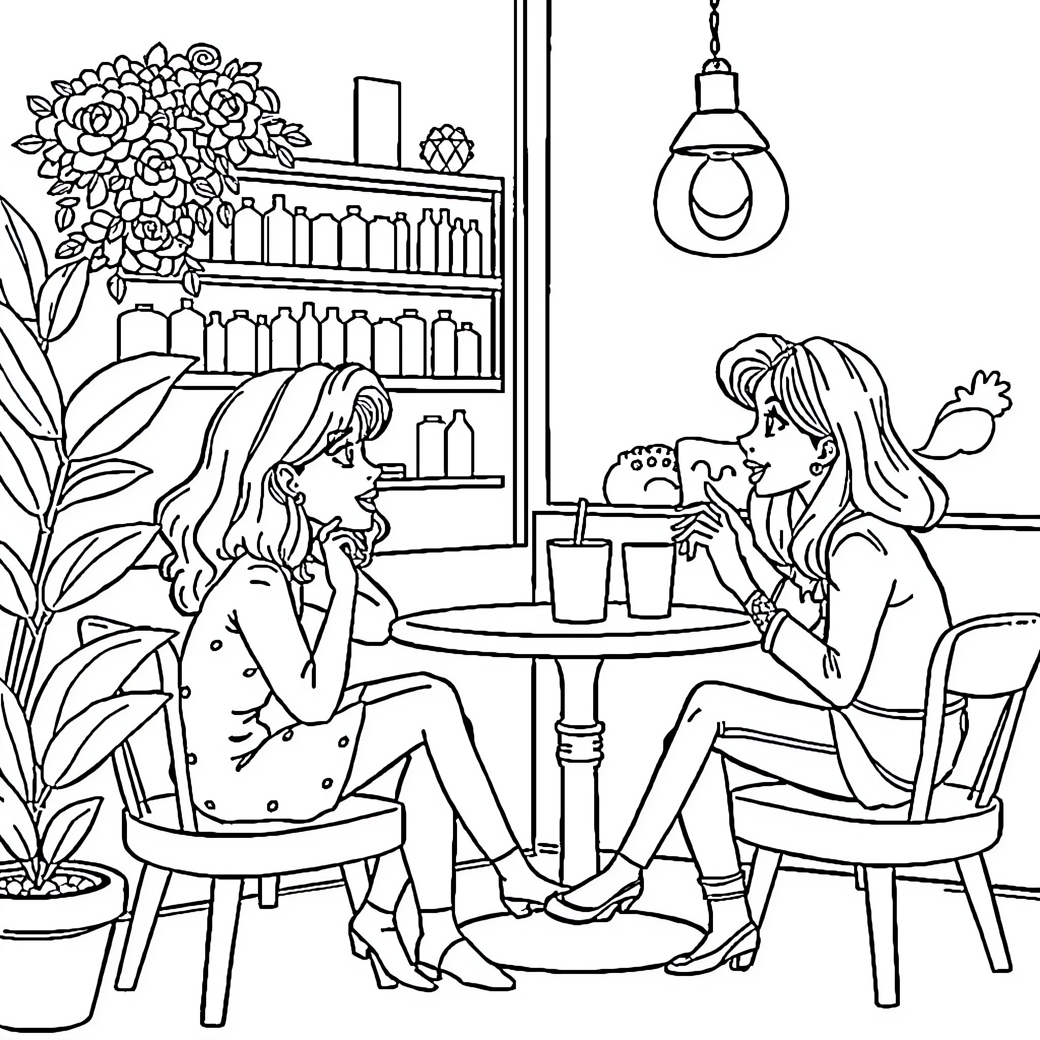 Gabby's Cozy Cafe Conversation Coloring Page (free black-and-white line drawing printable PDF for all, from beginners to advanced learners, including children, teens, adults, and seniors)