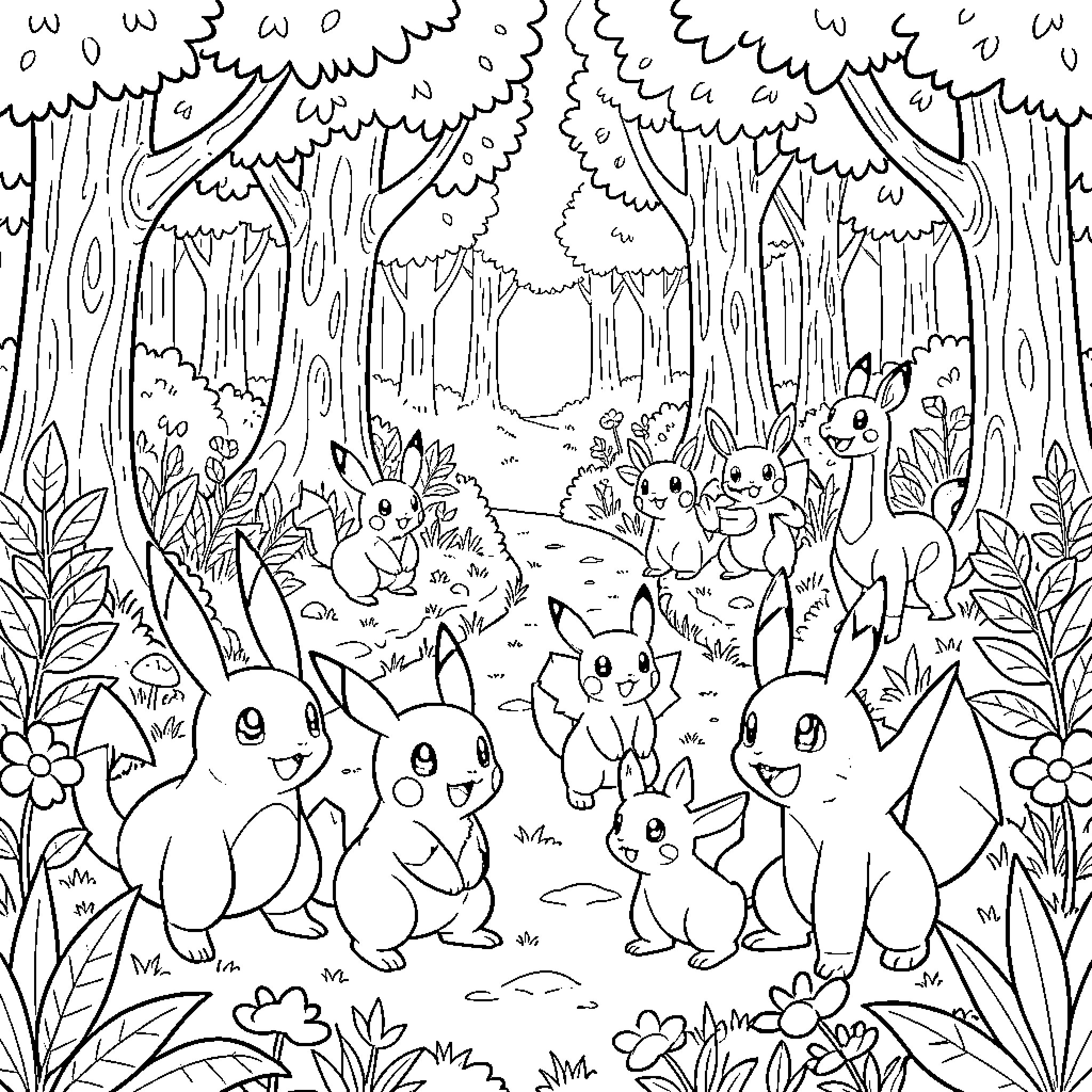 Pokémon Bunnies Frolicking in the Enchanted Forest Coloring Page (free black-and-white line drawing printable PDF for all, from beginners to advanced learners, including children, teens, adults, and seniors)