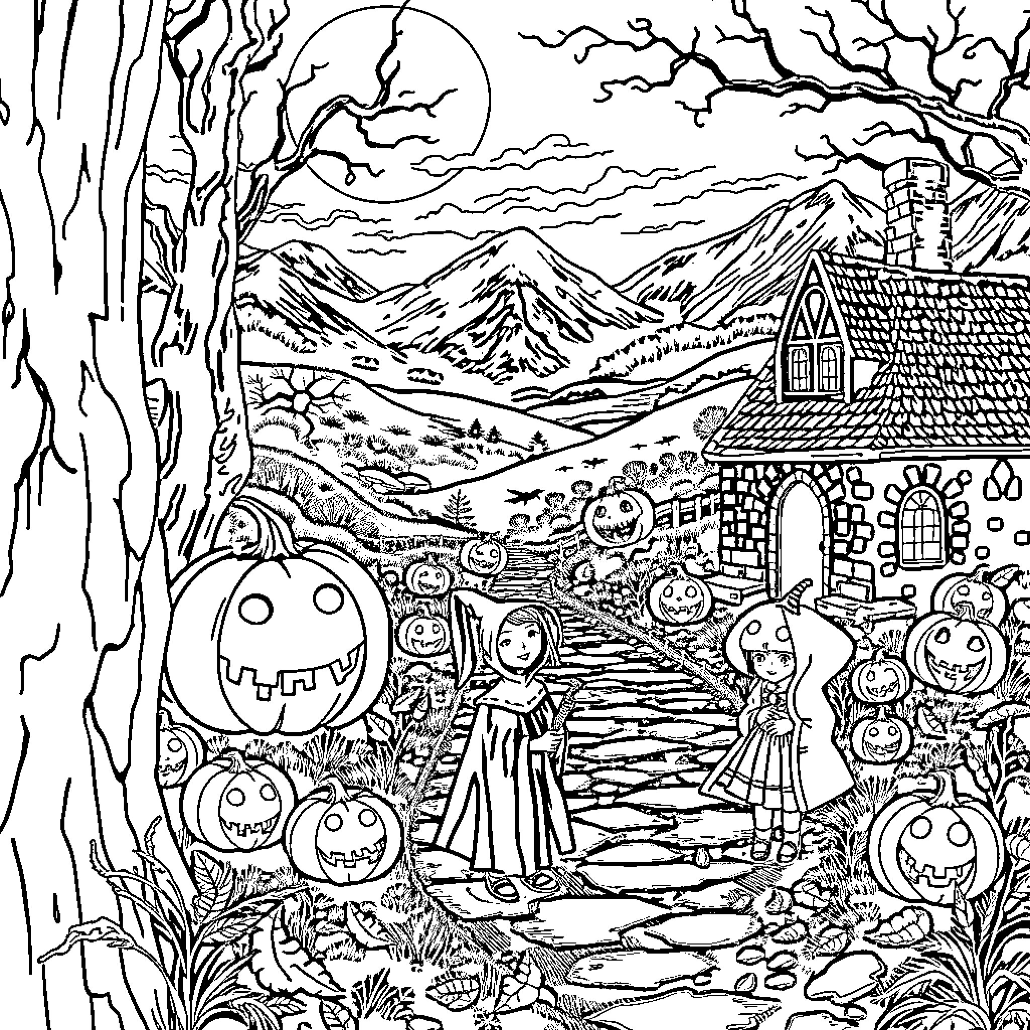 Scottish Halloween Celebrations in the Highlands Coloring Page (free black-and-white line drawing printable PDF for all, from beginners to advanced learners, including children, teens, adults, and seniors)