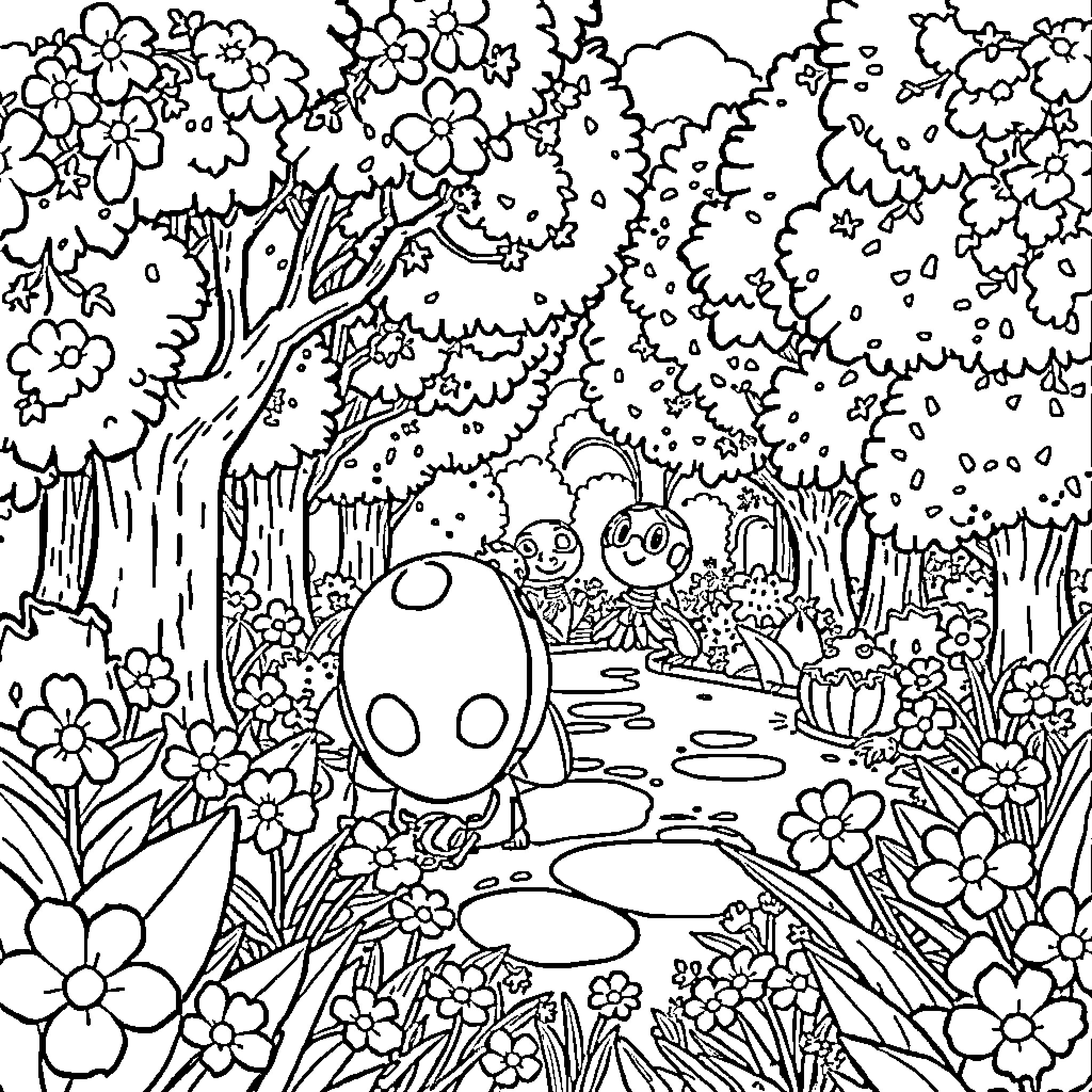 Ladybug exploring a whimsical forest Coloring Page (free black-and-white line drawing printable PDF for all, from beginners to advanced learners, including children, teens, adults, and seniors)