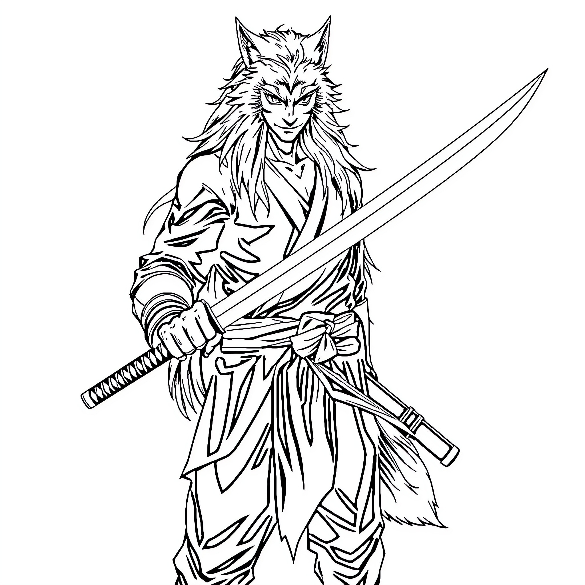 Man wielding a sword in a fierce stance Coloring Page (free black-and-white line drawing printable PDF for all, from beginners to advanced learners, including children, teens, adults, and seniors)