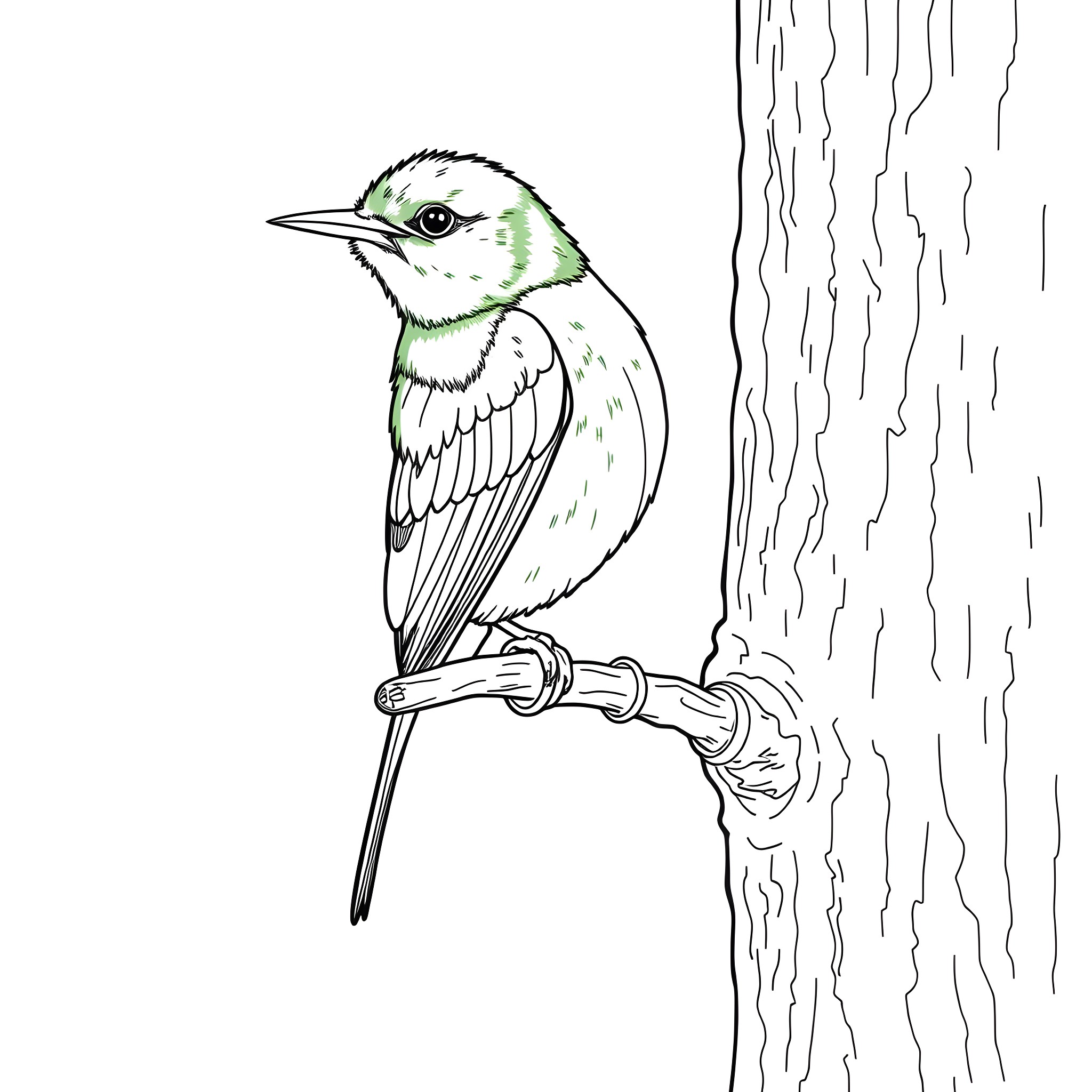 Dacnis bird perched on a branch Coloring Page (free black-and-white line drawing printable PDF for all, from beginners to advanced learners, including children, teens, adults, and seniors)
