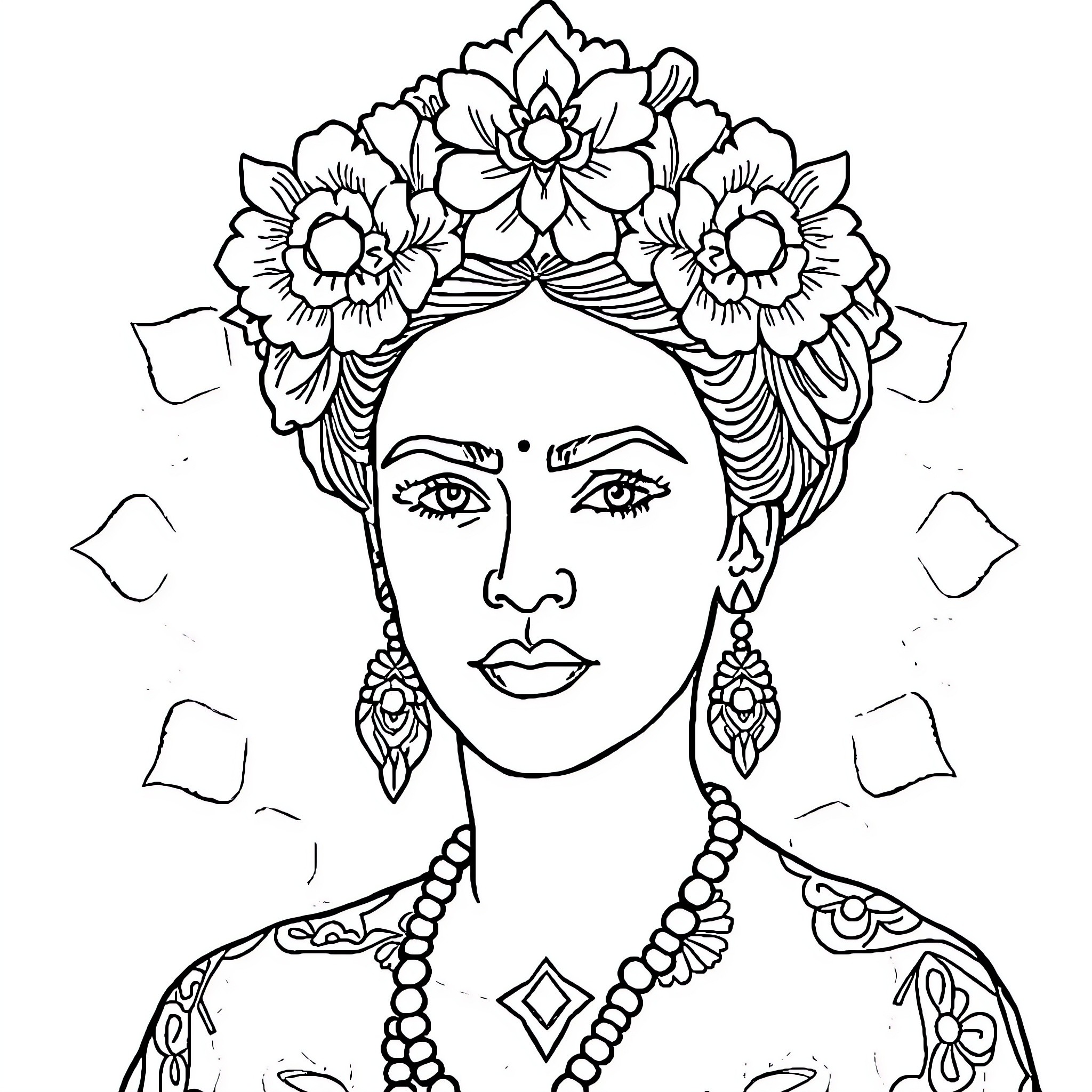Frida Kahlo in ornate floral headpiece and jewelry Coloring Page (free black-and-white line drawing printable PDF for all, from beginners to advanced learners, including children, teens, adults, and seniors)