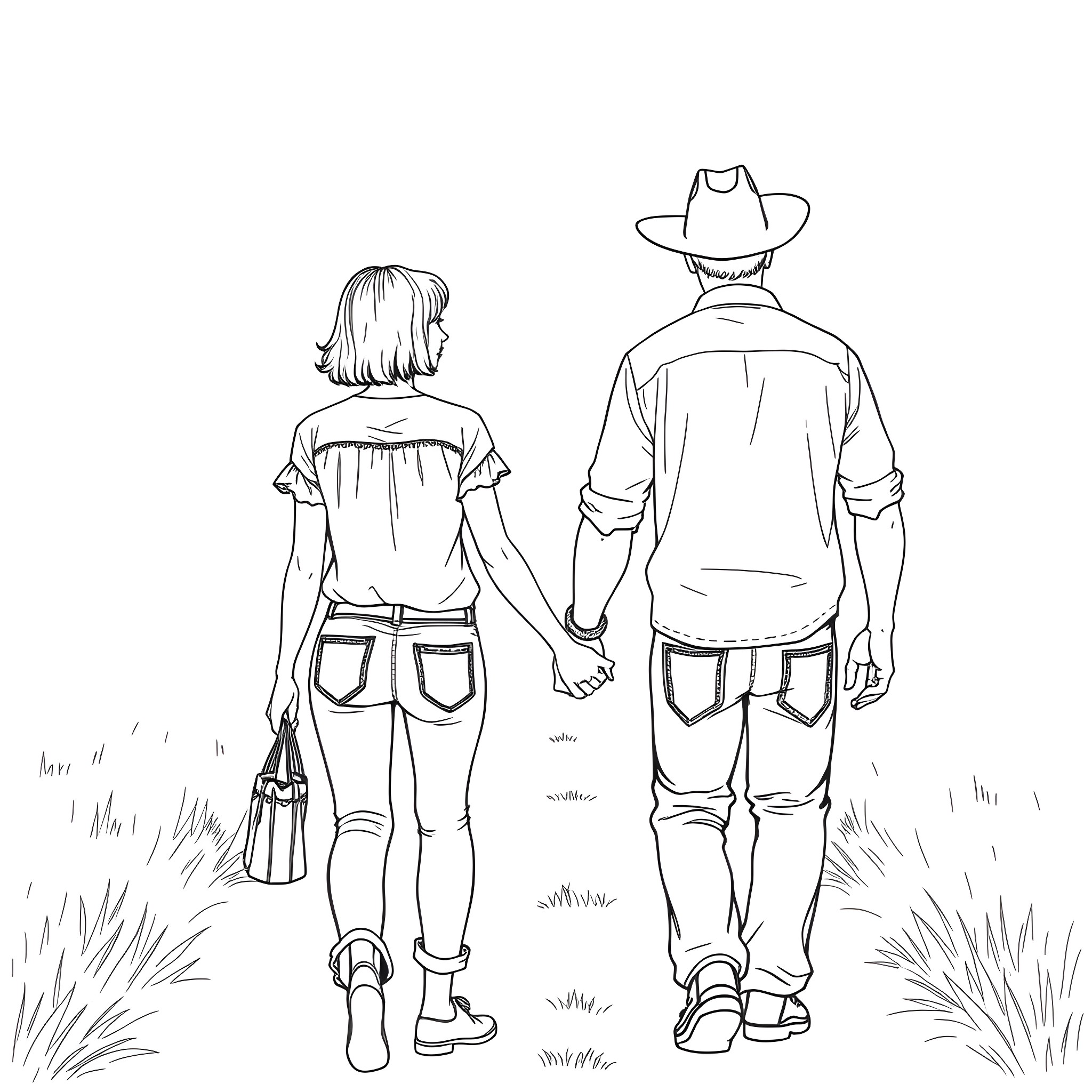 Woman and man walking together in countryside Coloring Page (free black-and-white line drawing printable PDF for all, from beginners to advanced learners, including children, teens, adults, and seniors)