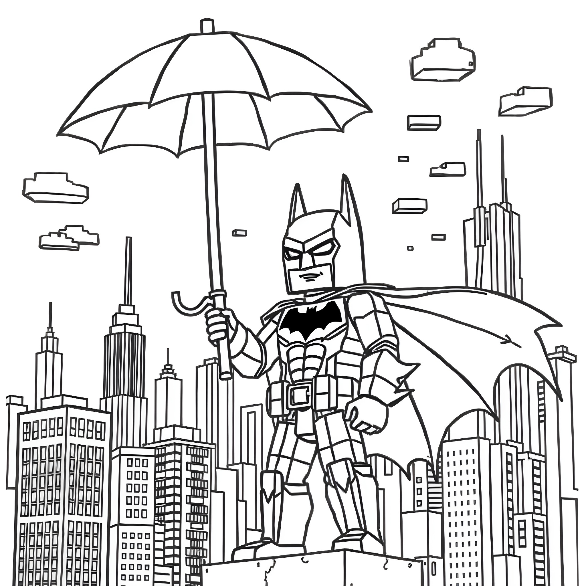 Batman in a rainy city environment Coloring Page (free black-and-white line drawing printable PDF for all, from beginners to advanced learners, including children, teens, adults, and seniors)