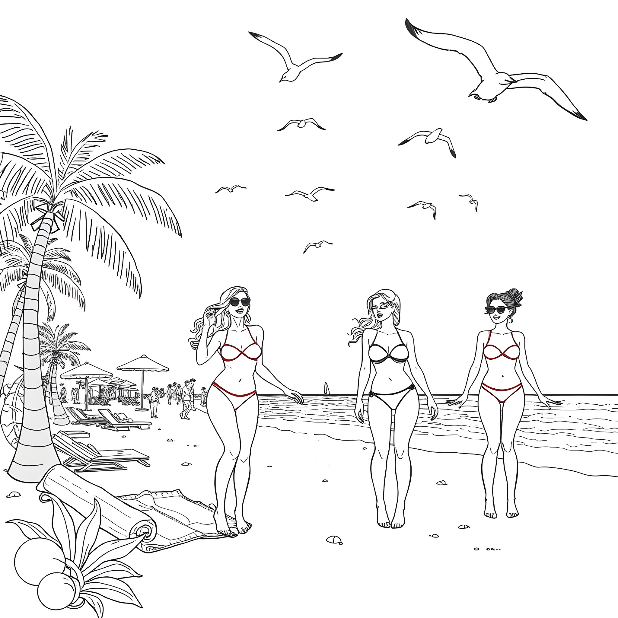 Women enjoying a sunny day at the beach Coloring Page (free black-and-white line drawing printable PDF for all, from beginners to advanced learners, including children, teens, adults, and seniors)