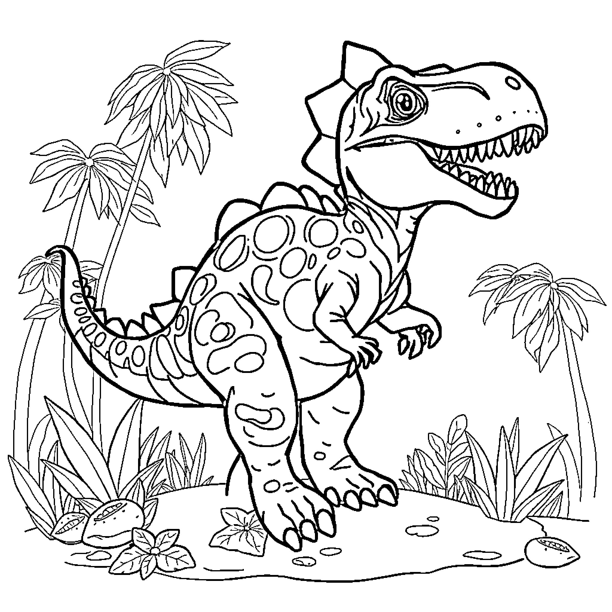 Dinosaur roaming in lush tropical landscape Coloring Page (free black-and-white line drawing printable PDF for all, from beginners to advanced learners, including children, teens, adults, and seniors)