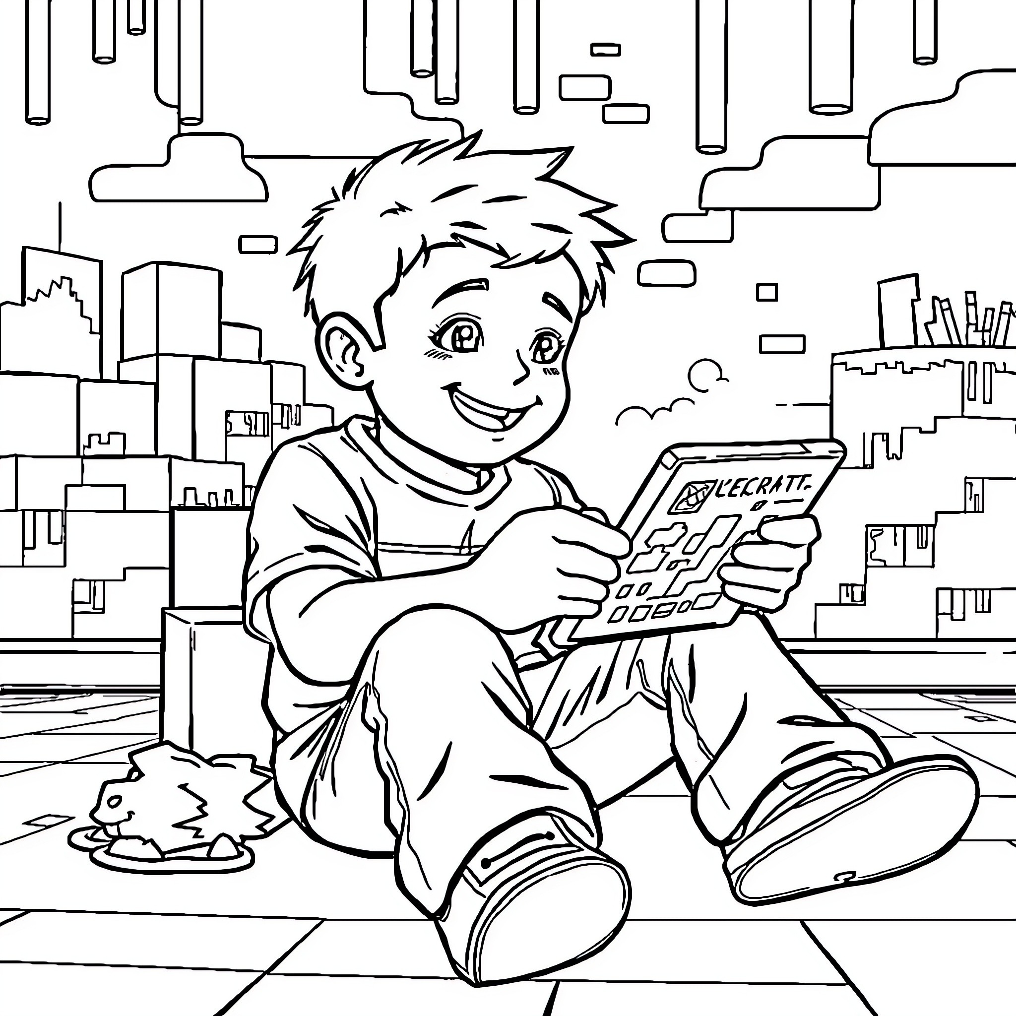 Boy playing with electronic device in the city Coloring Page (free black-and-white line drawing printable PDF for all, from beginners to advanced learners, including children, teens, adults, and seniors)