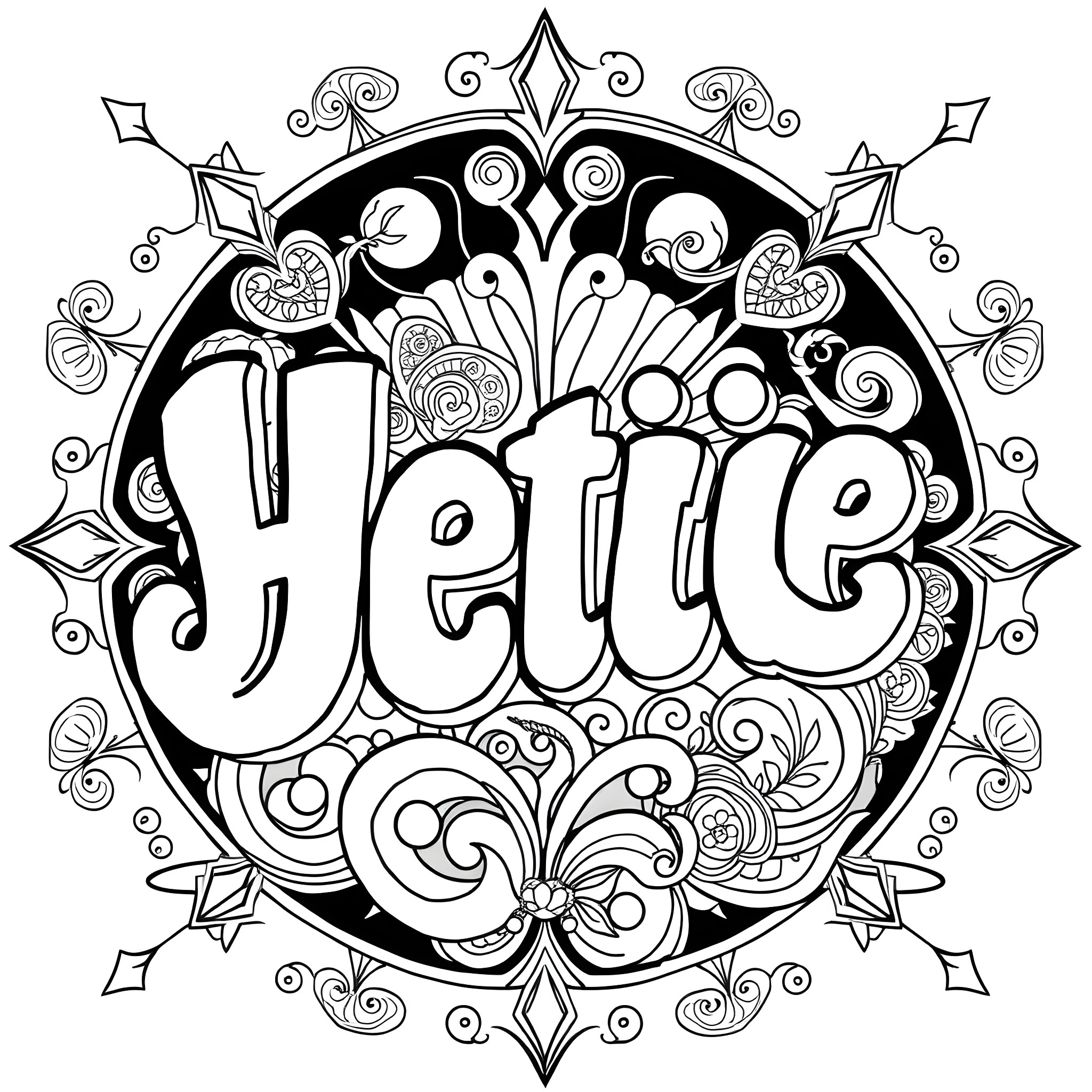 Lettering art of the name 'Jettie' with intricate floral and geometric patterns Coloring Page (free black-and-white line drawing printable PDF for all, from beginners to advanced learners, including children, teens, adults, and seniors)