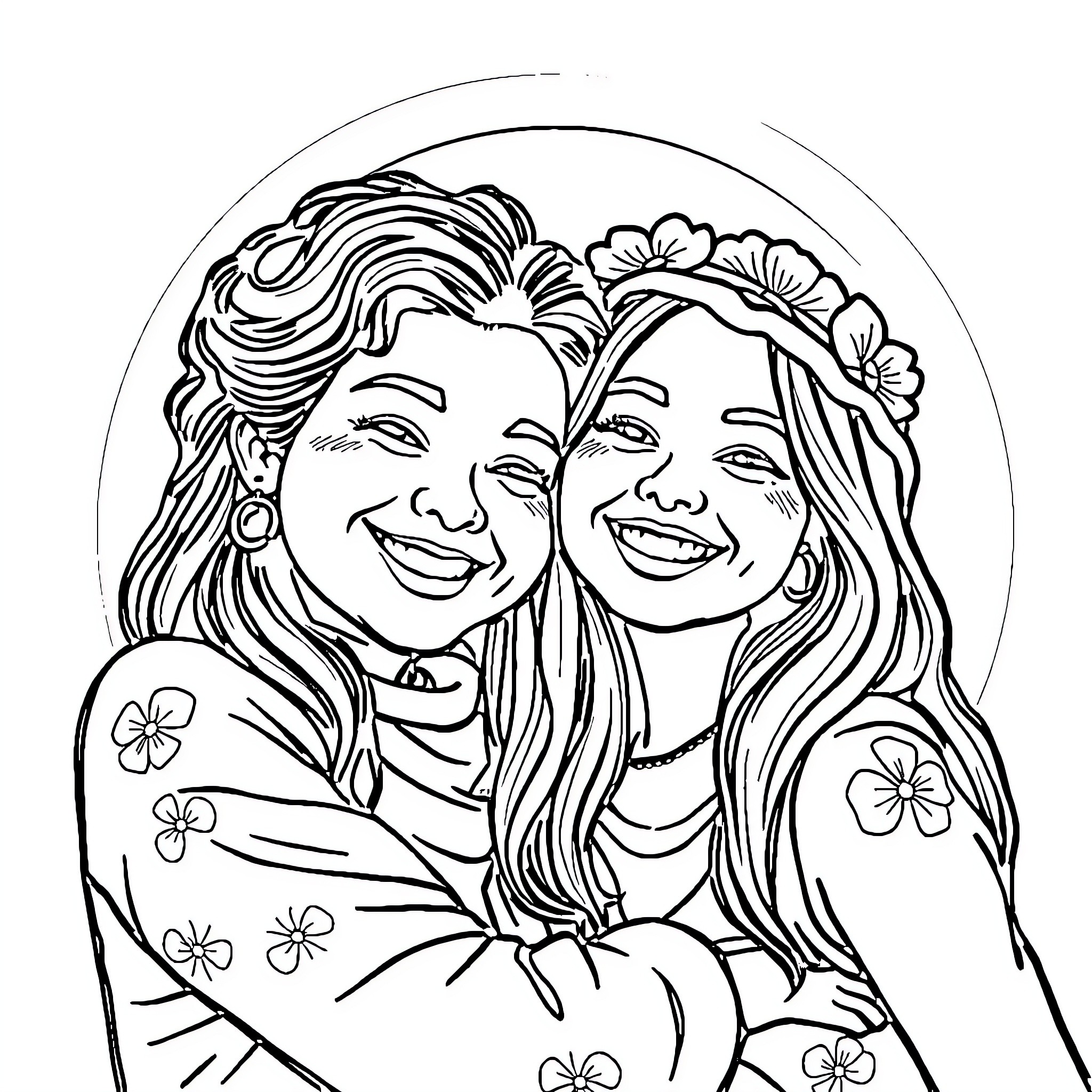 Nena's Joyful Embrace with a Friend Coloring Page (free black-and-white line drawing printable PDF for all, from beginners to advanced learners, including children, teens, adults, and seniors)