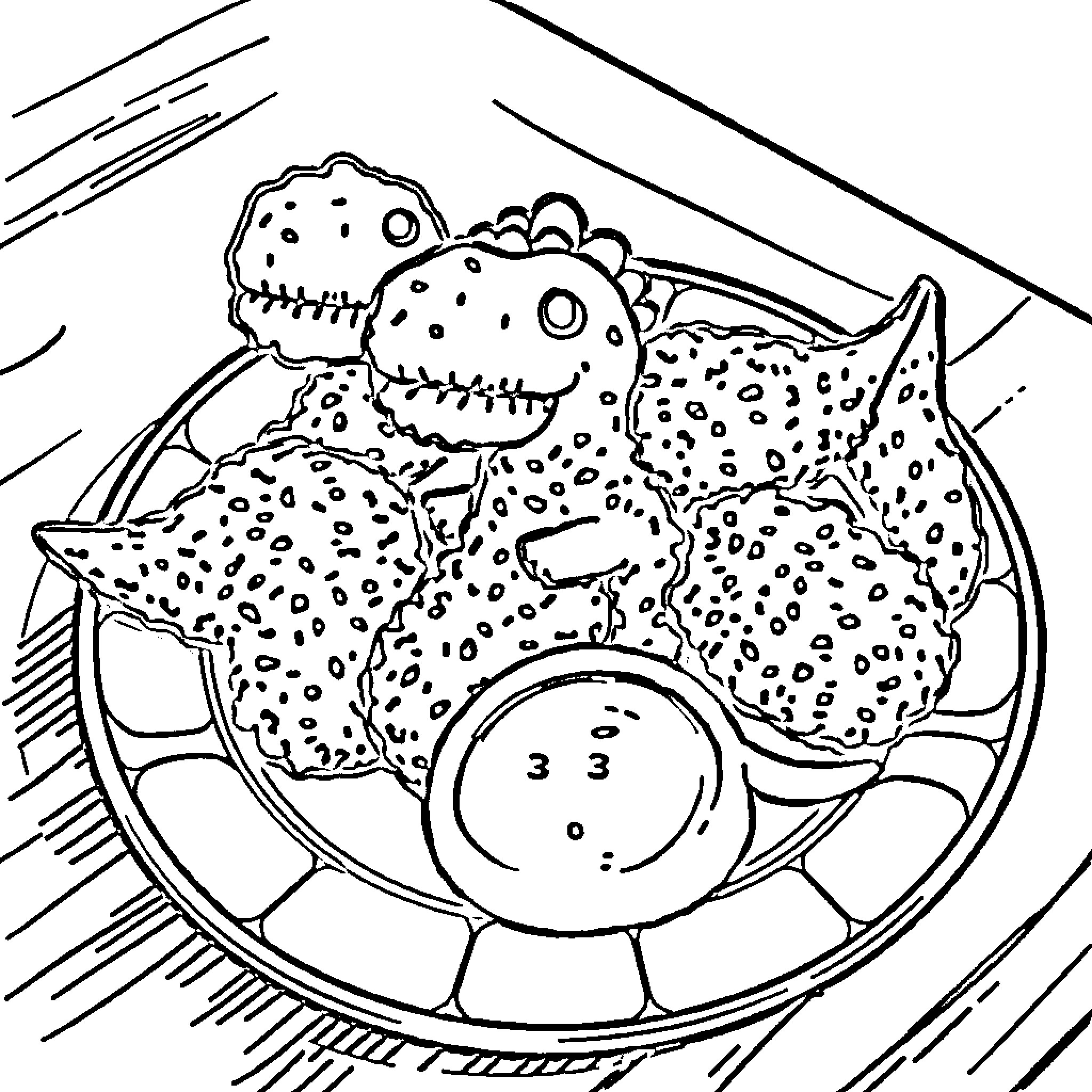 Dino Enjoying a Delicious Meal Coloring Page (free black-and-white line drawing printable PDF for all, from beginners to advanced learners, including children, teens, adults, and seniors)