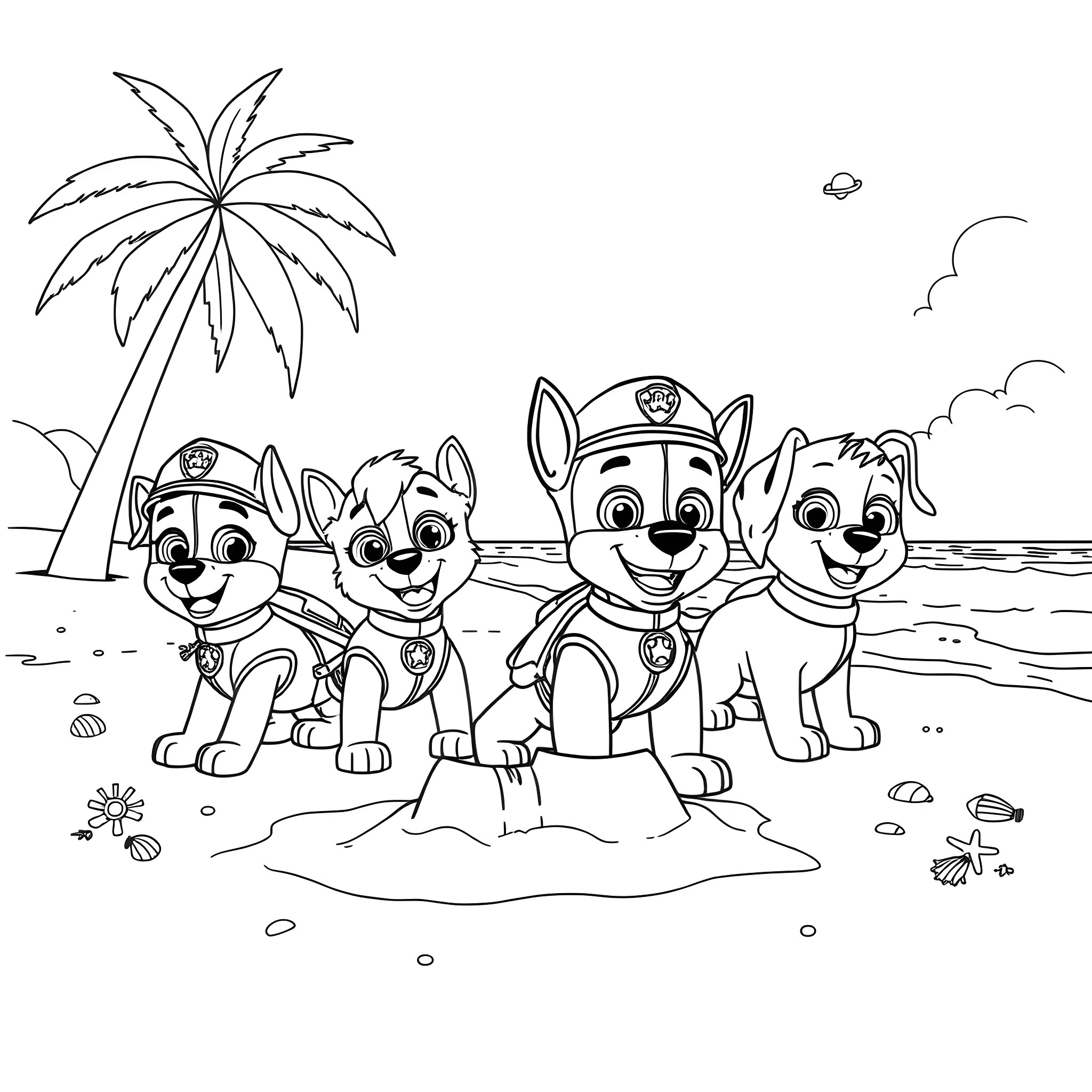 Paw Patrol Pups Enjoying a Beach Adventure Coloring Page (free black-and-white line drawing printable PDF for all, from beginners to advanced learners, including children, teens, adults, and seniors)