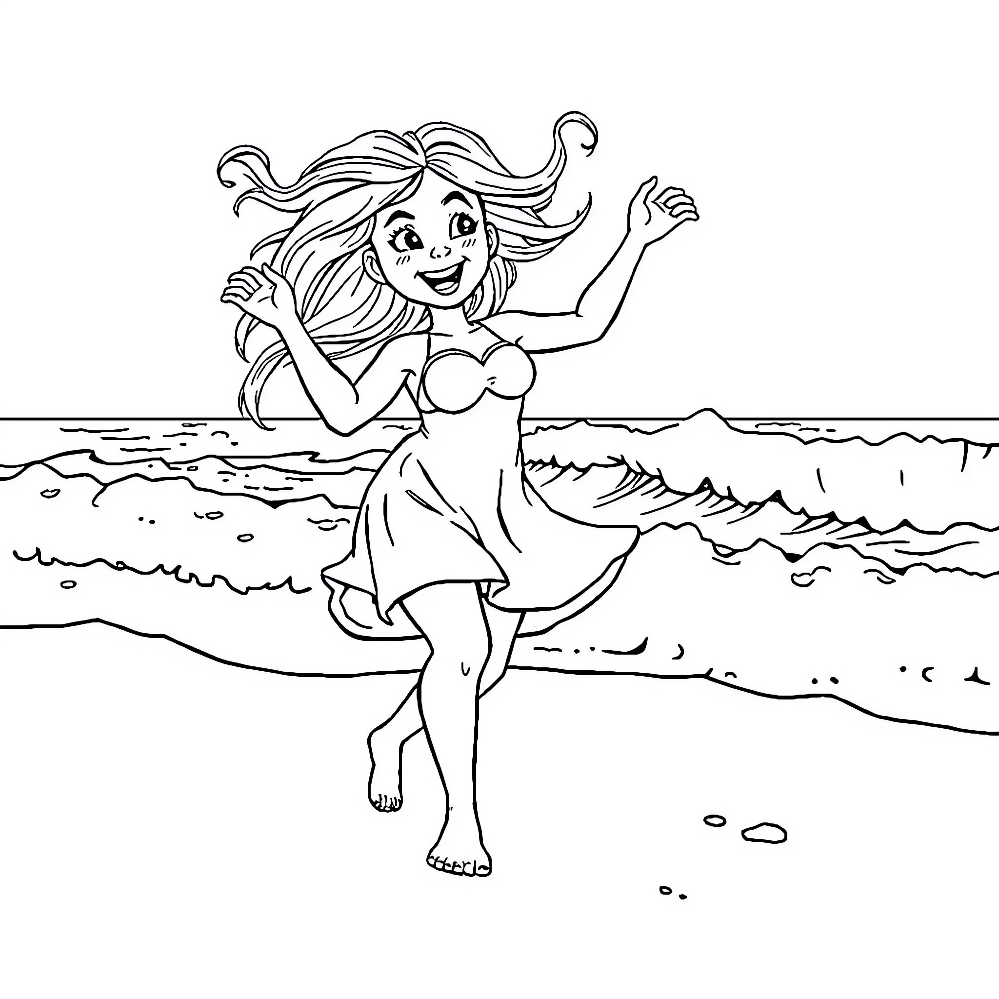 Girl dancing joyfully on the beach Coloring Page (free black-and-white line drawing printable PDF for all, from beginners to advanced learners, including children, teens, adults, and seniors)