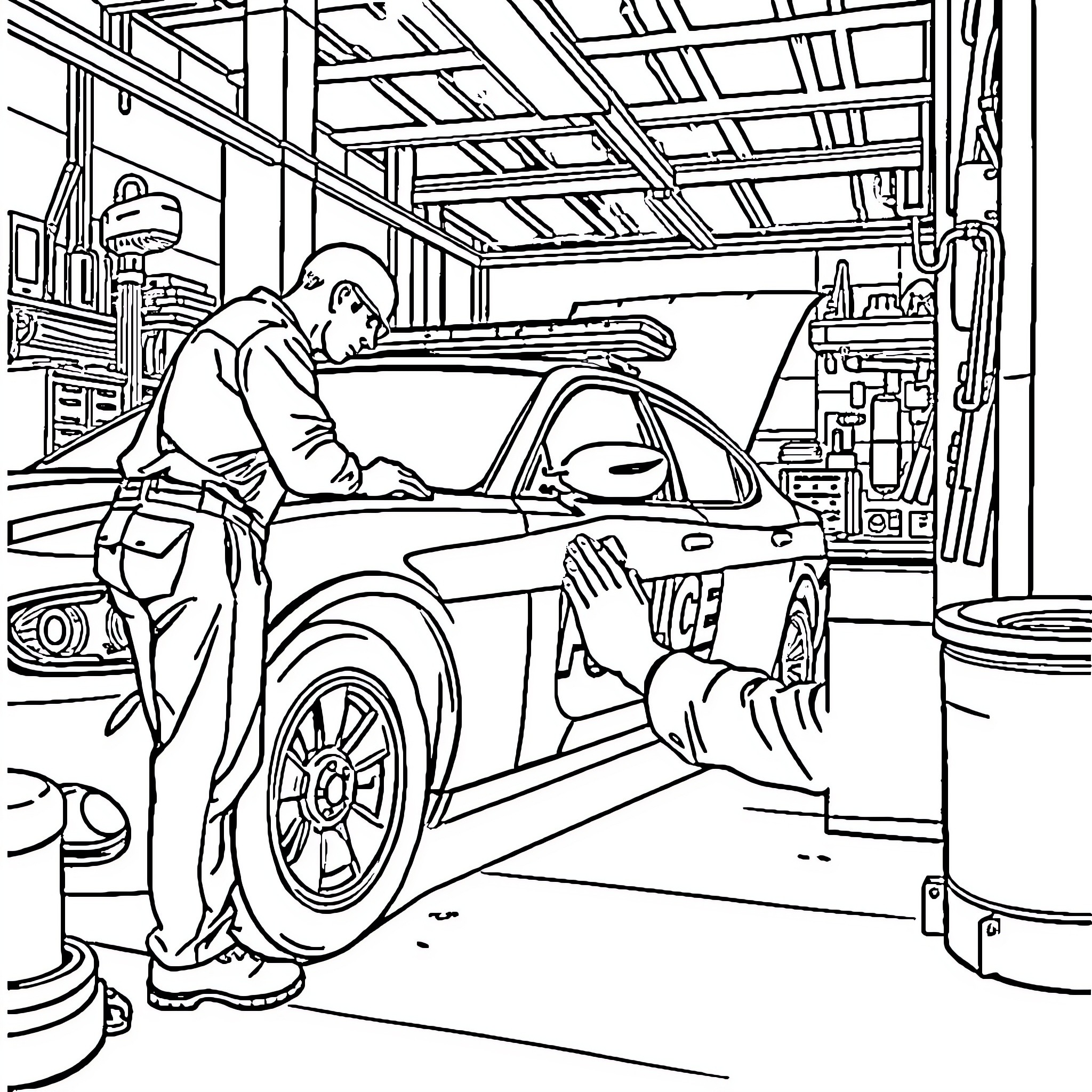 Mechanic Inspecting and Repairing Vehicle in Workshop Coloring Page (free black-and-white line drawing printable PDF for all, from beginners to advanced learners, including children, teens, adults, and seniors)