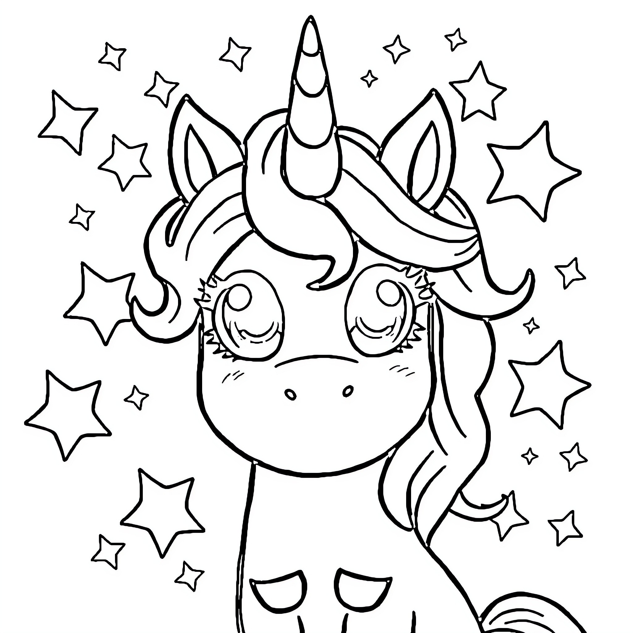 Unicorn surrounded by magical stars Coloring Page (free black-and-white line drawing printable PDF for all, from beginners to advanced learners, including children, teens, adults, and seniors)