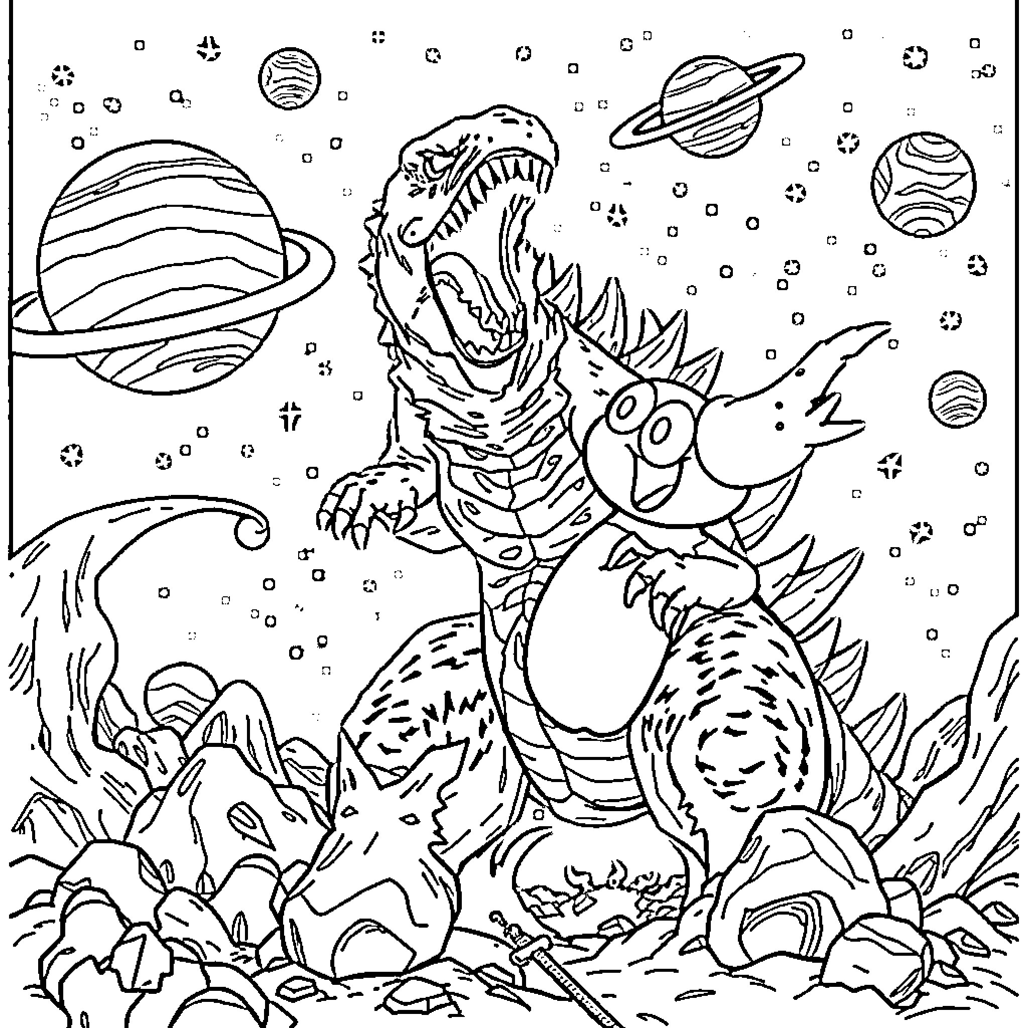 Godzilla's Cosmic Rampage through the Alien Landscape Coloring Page (free black-and-white line drawing printable PDF for all, from beginners to advanced learners, including children, teens, adults, and seniors)