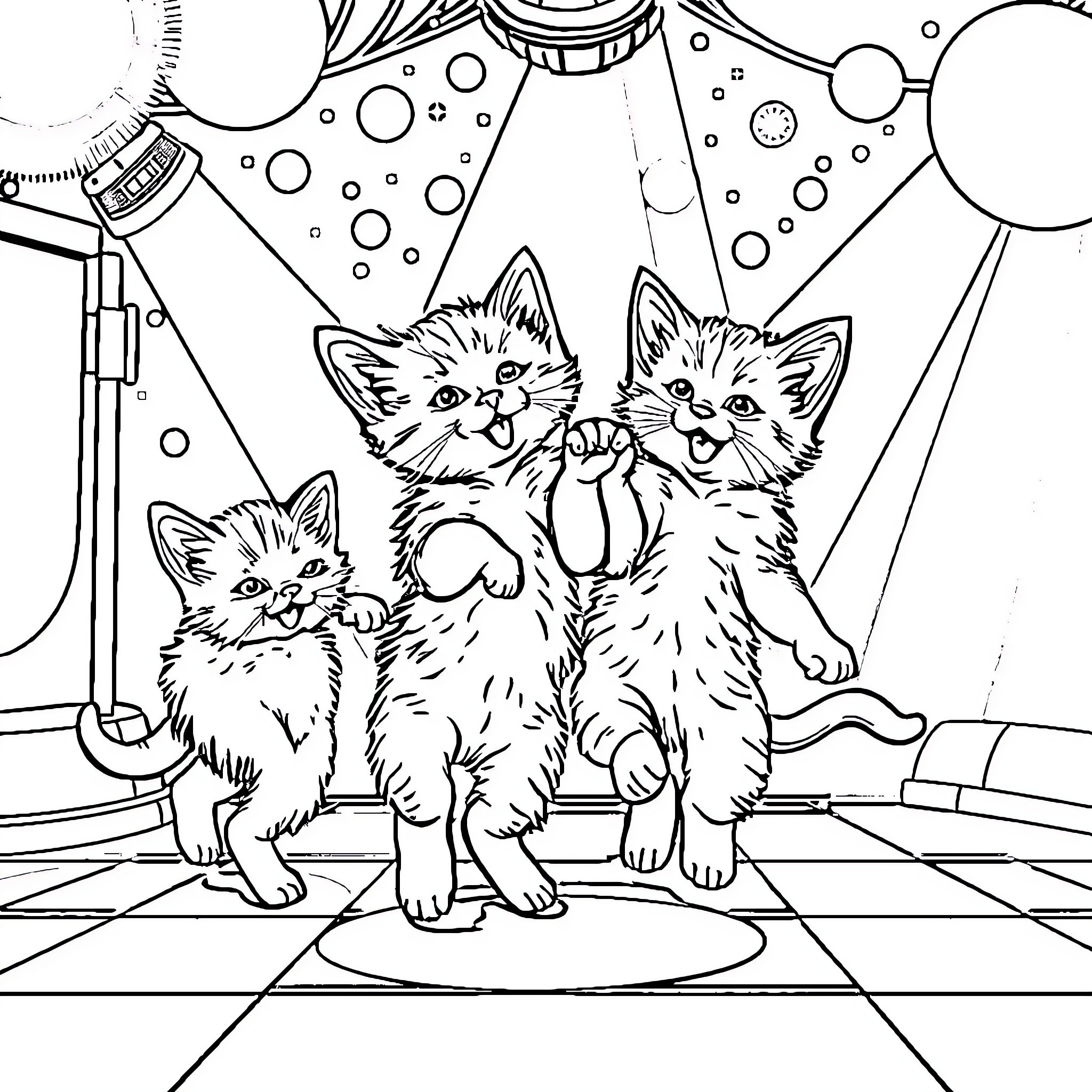 Kittens Playing in Fantastical Space Coloring Page (free black-and-white line drawing printable PDF for all, from beginners to advanced learners, including children, teens, adults, and seniors)