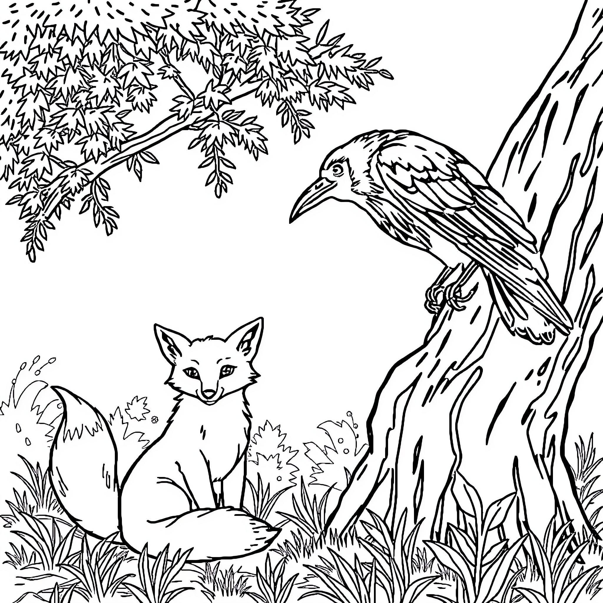 Raven and Fox in the Wooded Landscape Coloring Page (free black-and-white line drawing printable PDF for all, from beginners to advanced learners, including children, teens, adults, and seniors)