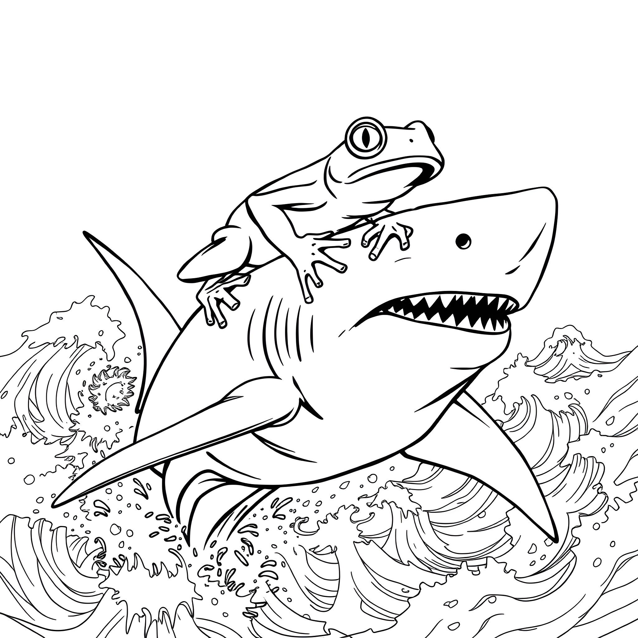 Frog riding on the back of a fierce shark Coloring Page (free black-and-white line drawing printable PDF for all, from beginners to advanced learners, including children, teens, adults, and seniors)