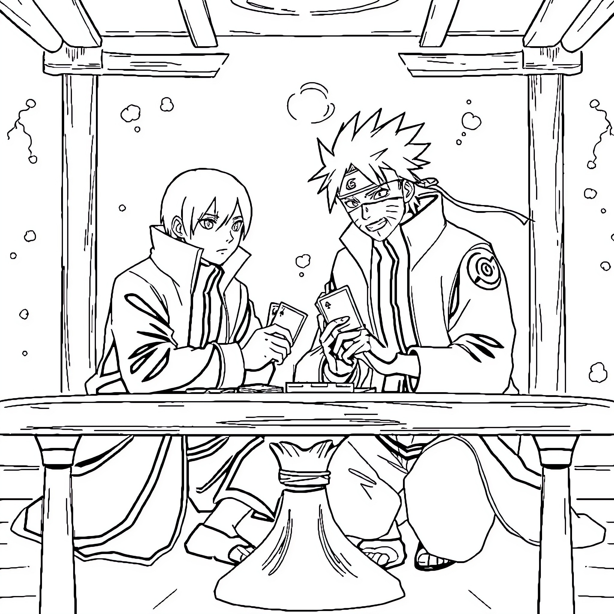 Naruto Characters in Formal Setting Coloring Page (free black-and-white line drawing printable PDF for all, from beginners to advanced learners, including children, teens, adults, and seniors)