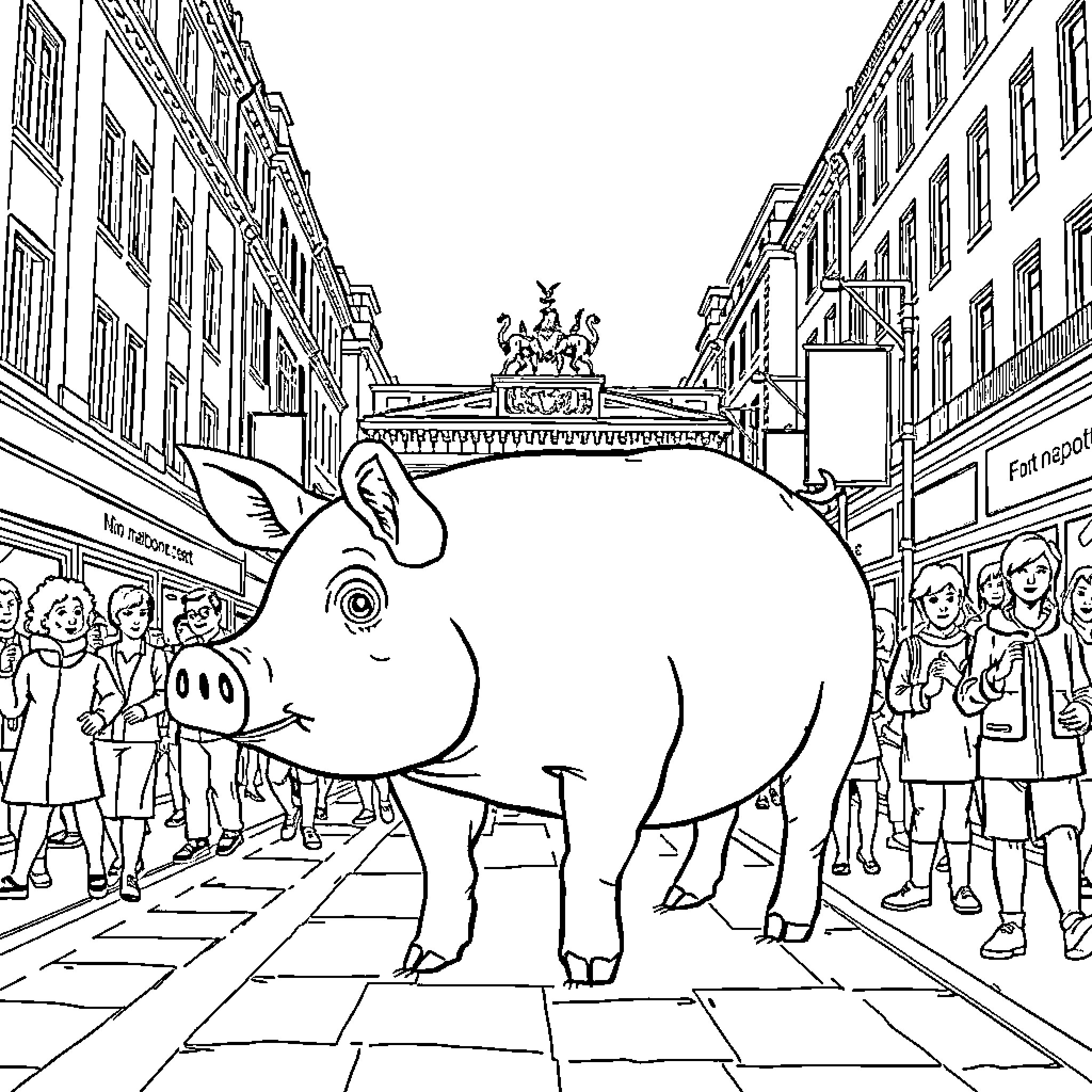 Pig exploring the bustling city street Coloring Page (free black-and-white line drawing printable PDF for all, from beginners to advanced learners, including children, teens, adults, and seniors)