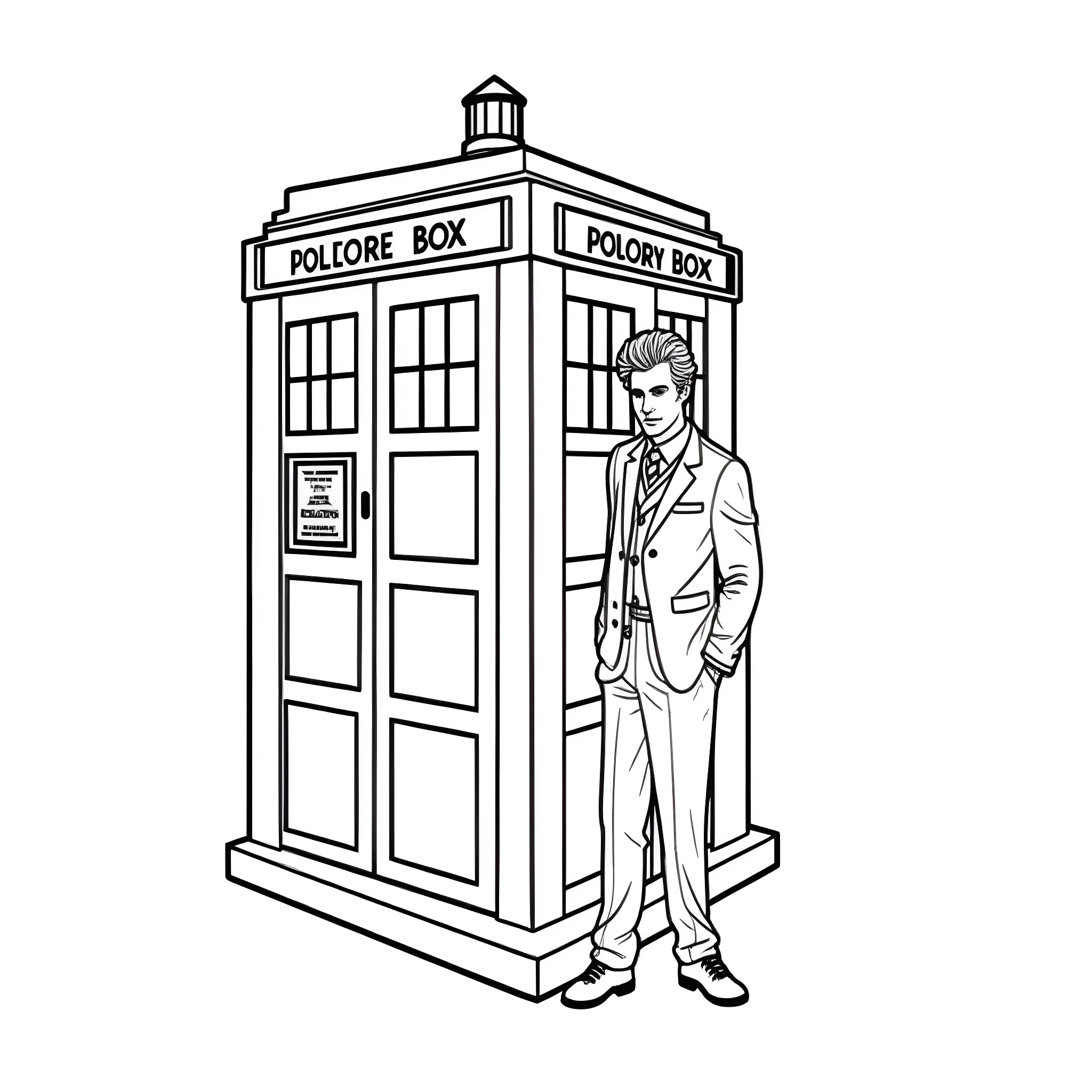 Doctor Who standing next to a police box Coloring Page (free black-and-white line drawing printable PDF for all, from beginners to advanced learners, including children, teens, adults, and seniors)
