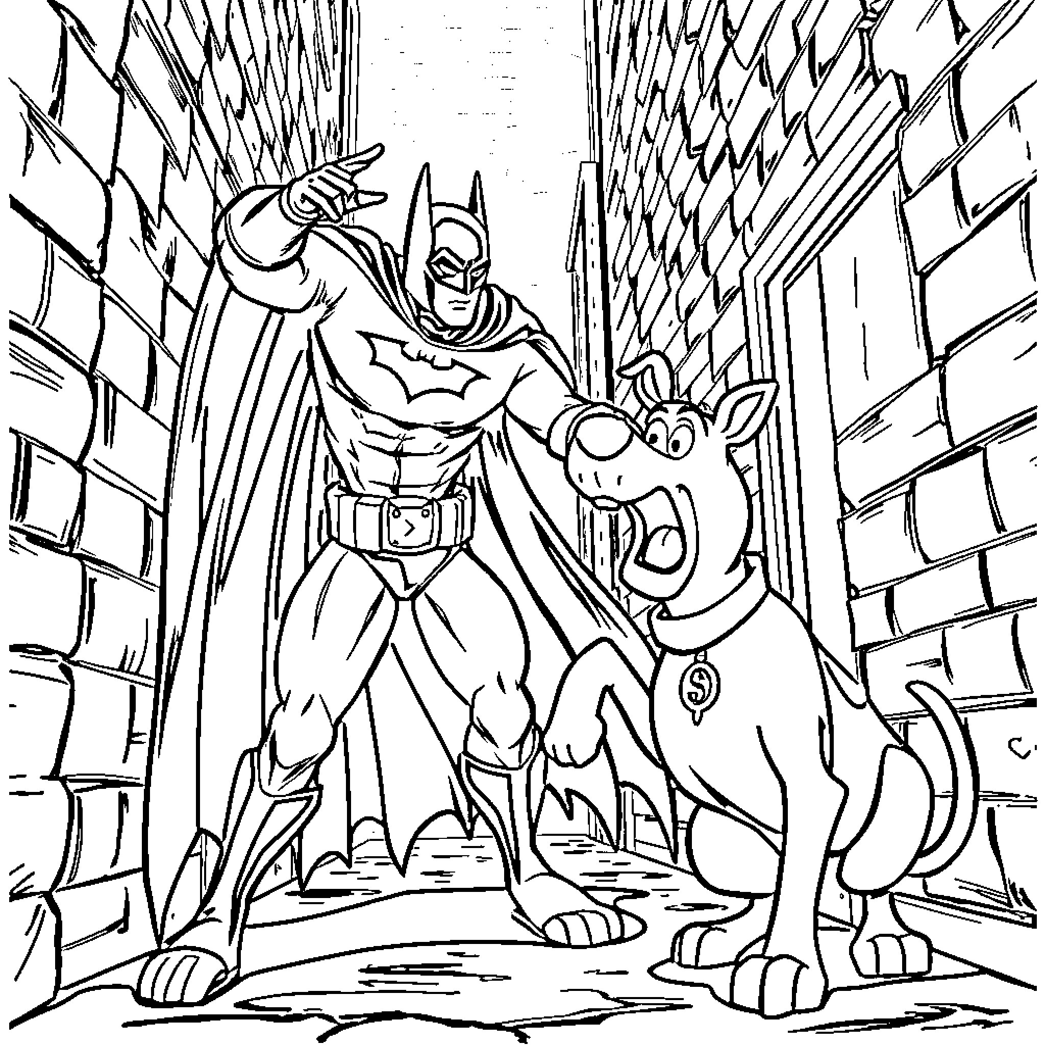 Batman and Sidekick in Heroic Pose Coloring Page (free black-and-white line drawing printable PDF for all, from beginners to advanced learners, including children, teens, adults, and seniors)