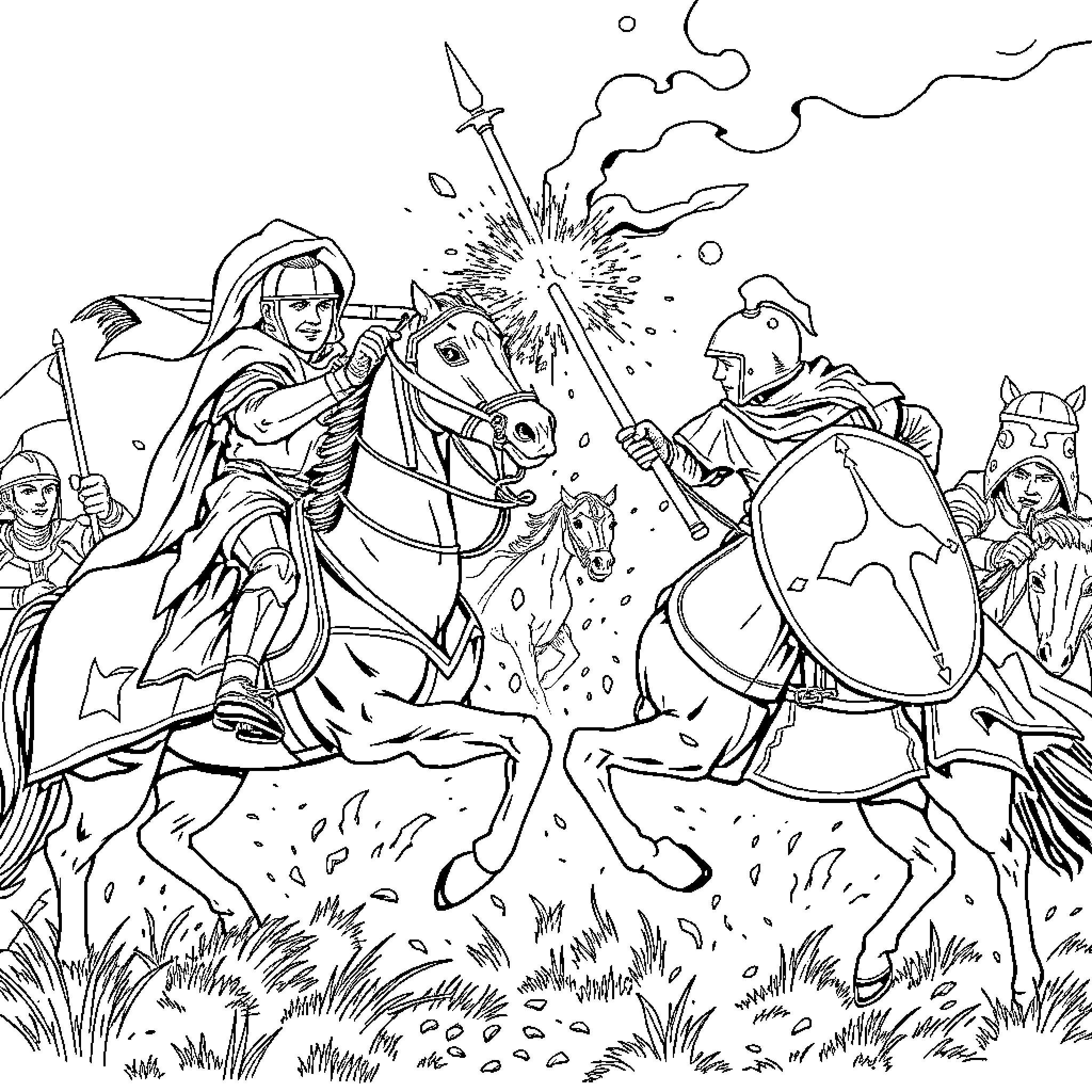 Chevalier's Valiant Charge into Battle Coloring Page (free black-and-white line drawing printable PDF for all, from beginners to advanced learners, including children, teens, adults, and seniors)