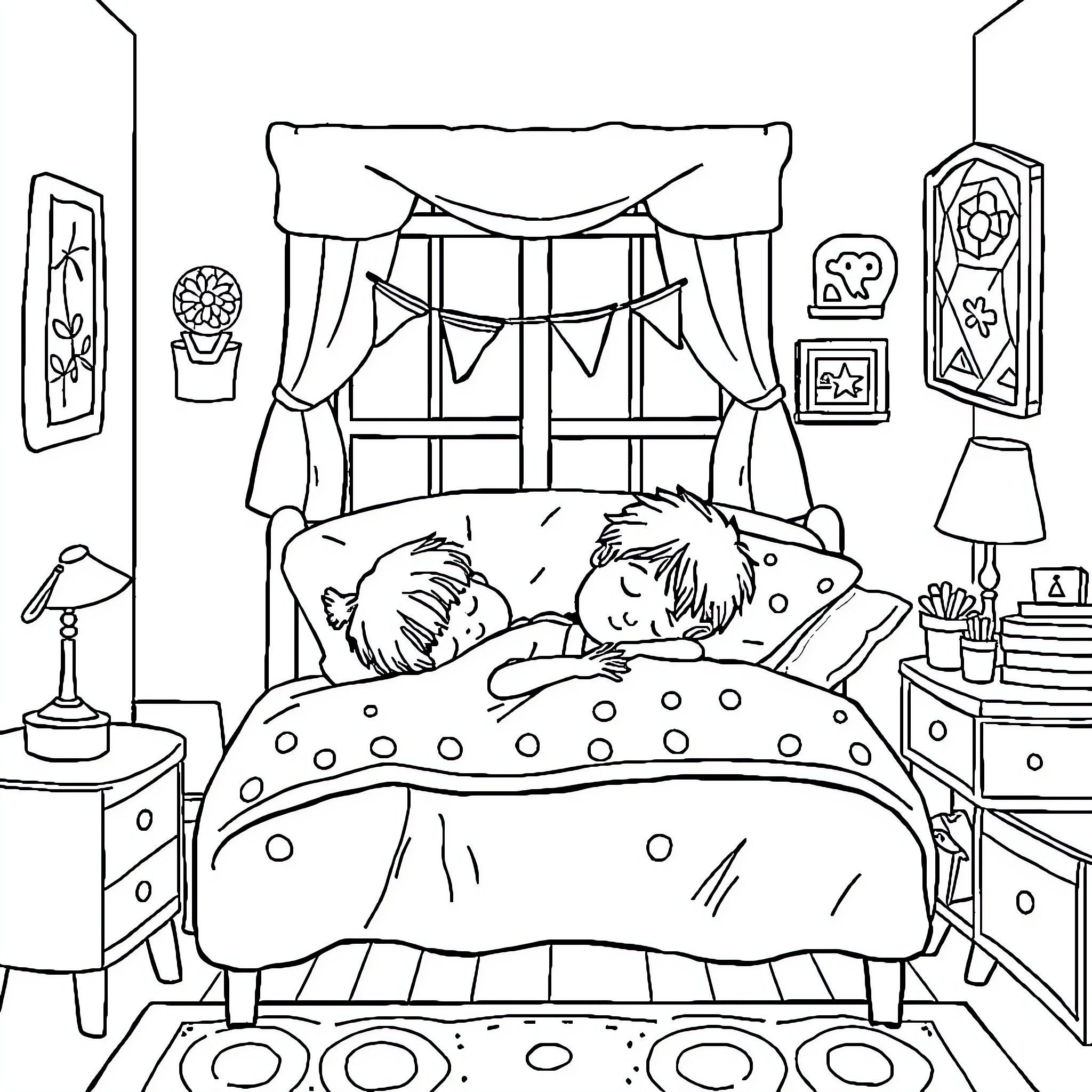 Boy sleeping peacefully in his bedroom Coloring Page (free black-and-white line drawing printable PDF for all, from beginners to advanced learners, including children, teens, adults, and seniors)