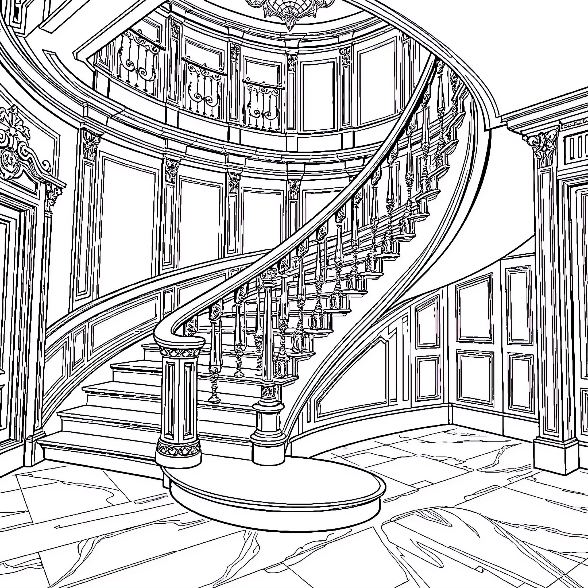 Staircase in an ornate mansion interior Coloring Page (free black-and-white line drawing printable PDF for all, from beginners to advanced learners, including children, teens, adults, and seniors)