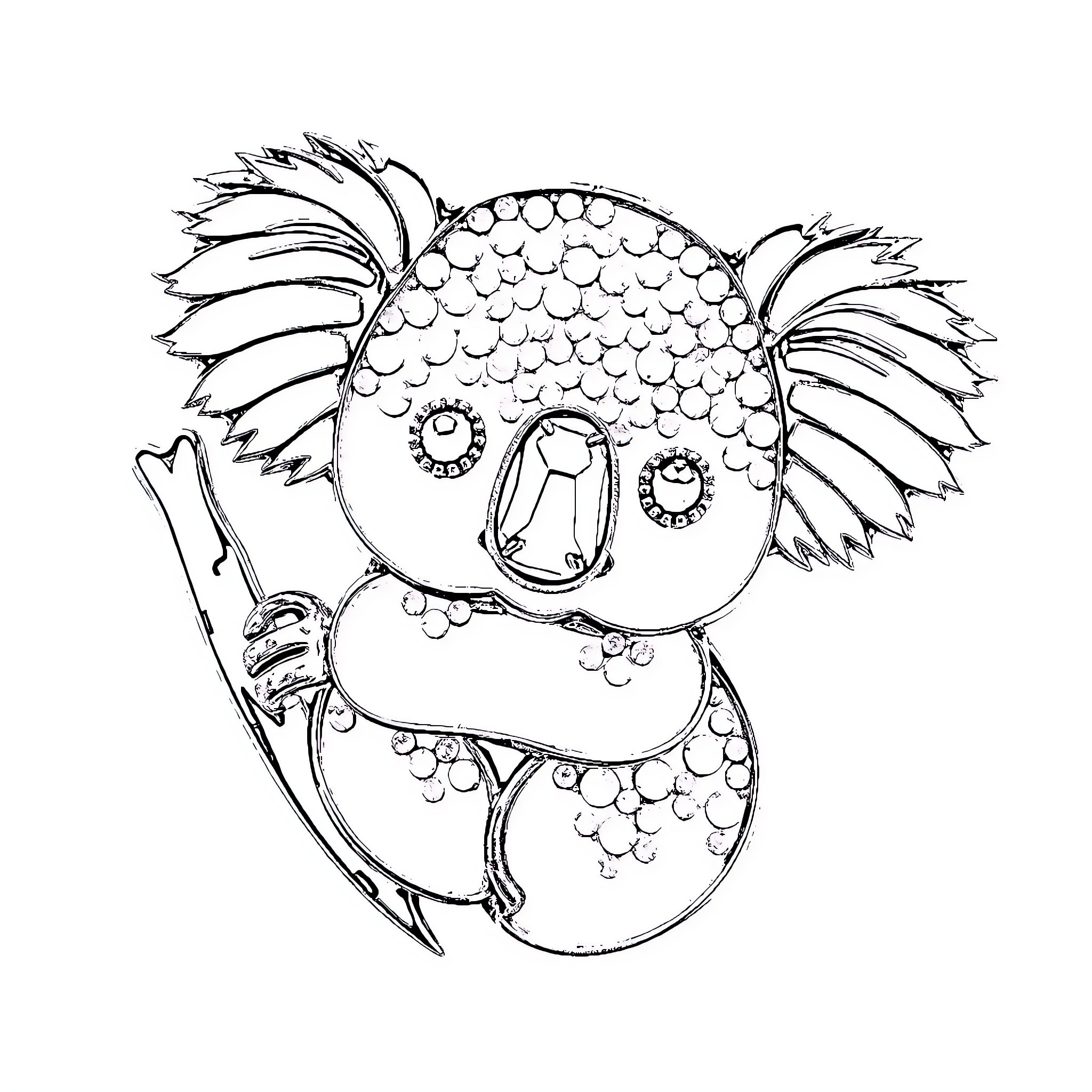 Koala climbing on a tree branch Coloring Page (free black-and-white line drawing printable PDF for all, from beginners to advanced learners, including children, teens, adults, and seniors)