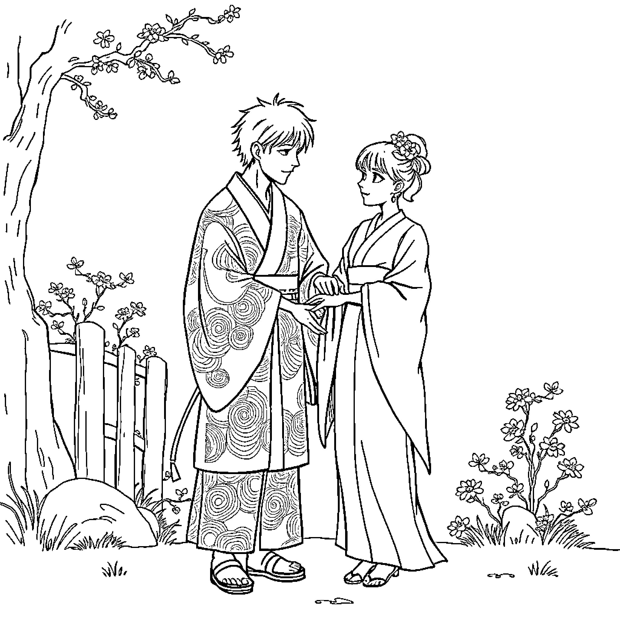 Shinazugawa Sanemi and a young woman in traditional Japanese attire Coloring Page (free black-and-white line drawing printable PDF for all, from beginners to advanced learners, including children, teens, adults, and seniors)
