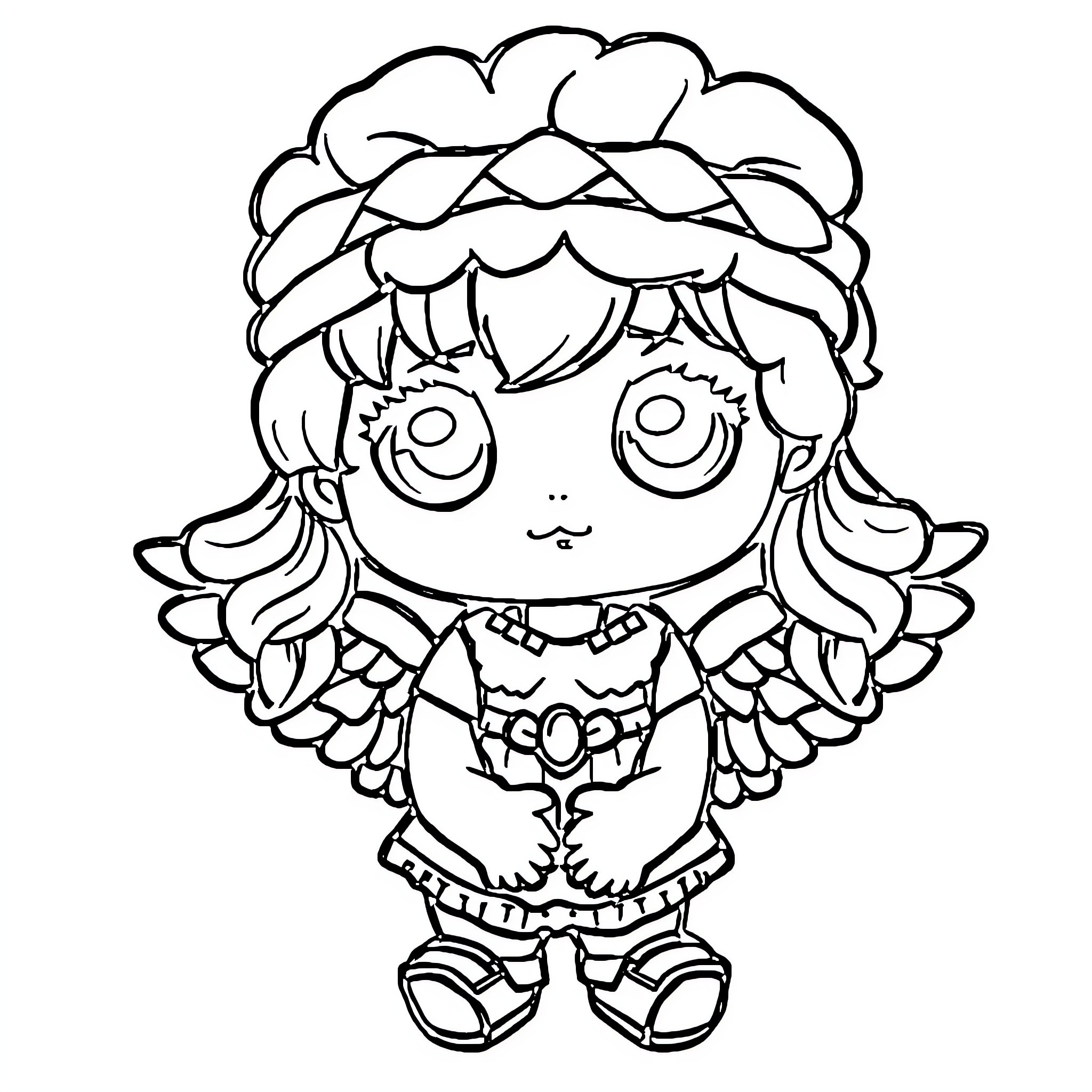 Sonny Angel with Whimsical Outfit and Expression Coloring Page (free black-and-white line drawing printable PDF for all, from beginners to advanced learners, including children, teens, adults, and seniors)