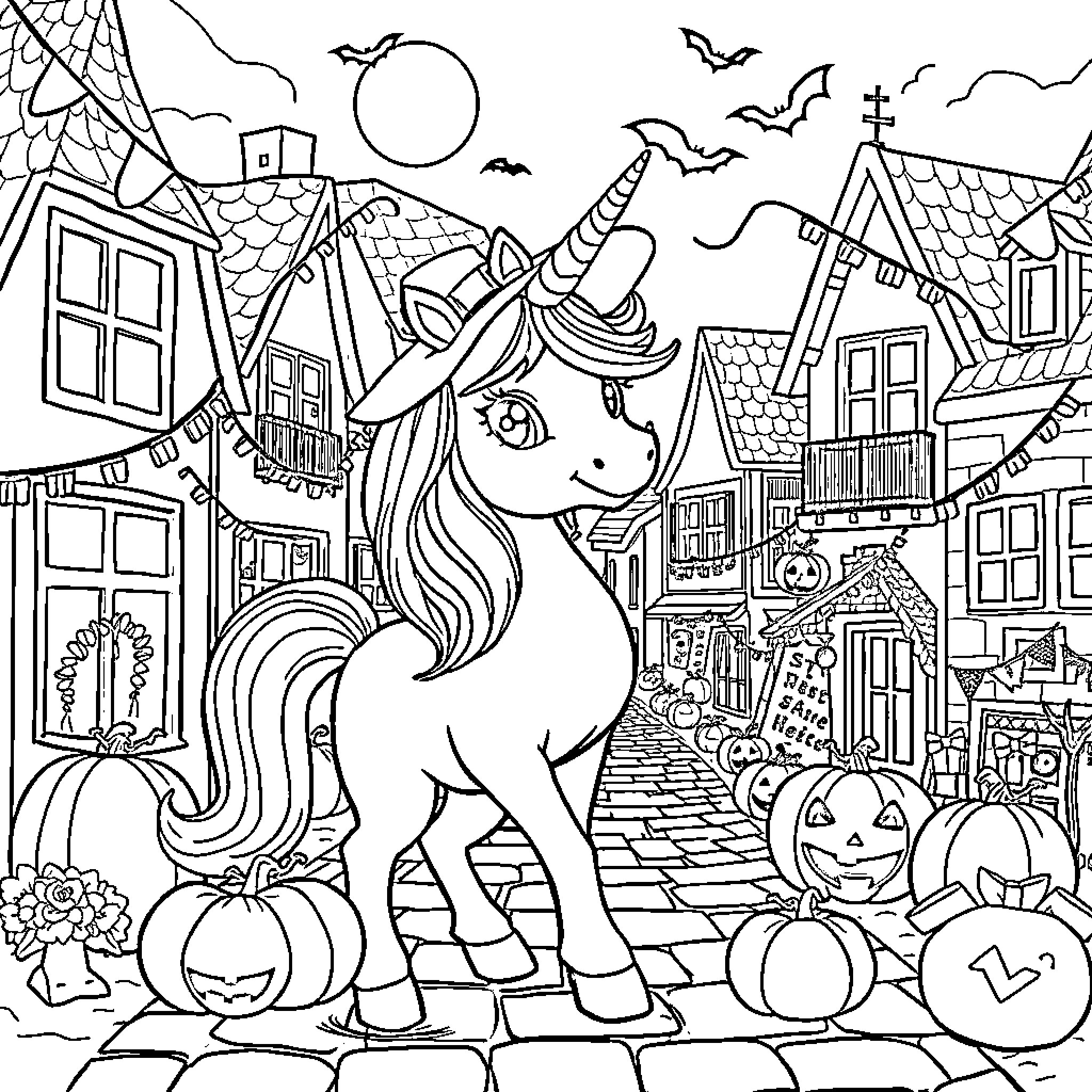 Unicorn wandering through a spooky Halloween town Coloring Page (free black-and-white line drawing printable PDF for all, from beginners to advanced learners, including children, teens, adults, and seniors)