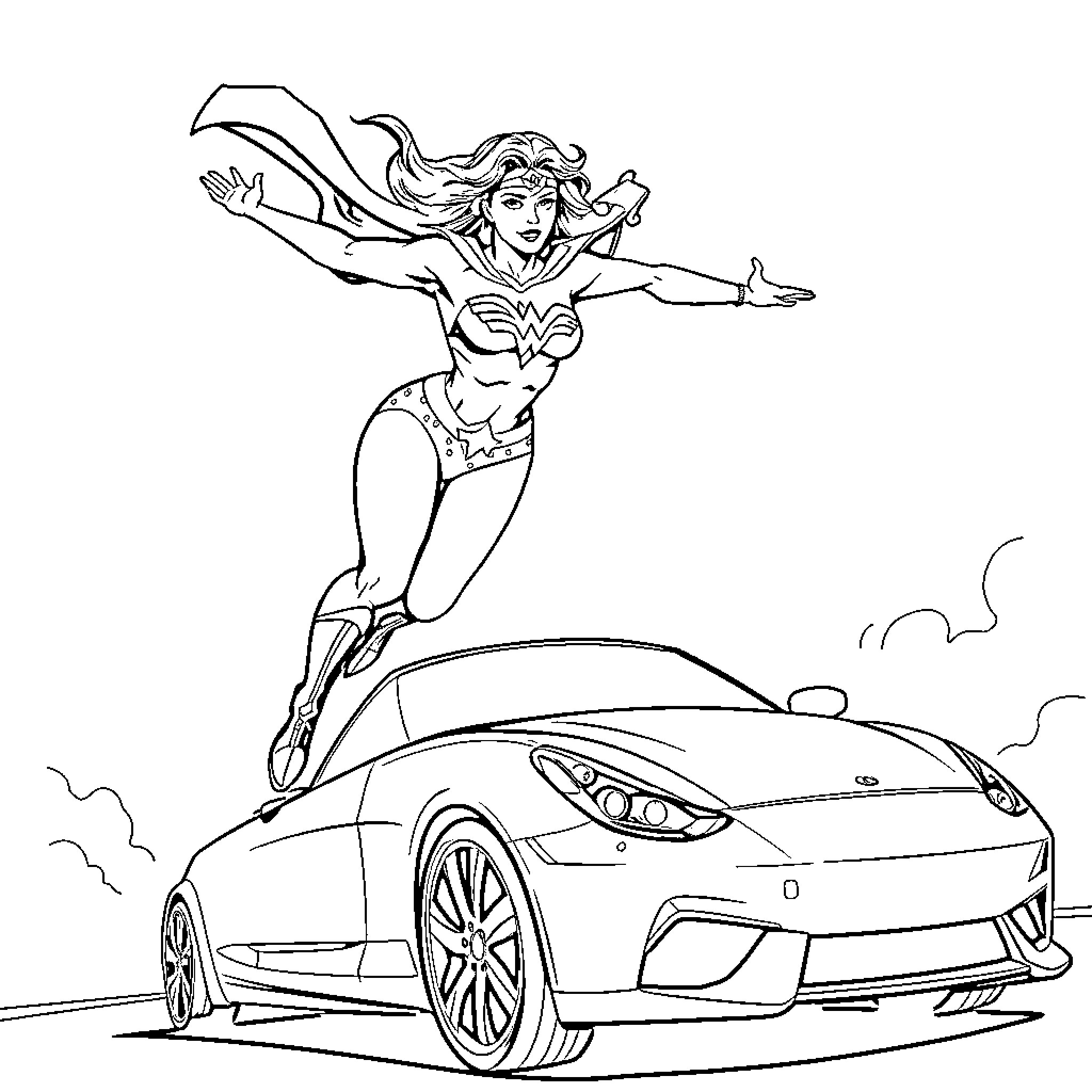 Superwoman's Heroic Flight Over Sports Car Coloring Page (free black-and-white line drawing printable PDF for all, from beginners to advanced learners, including children, teens, adults, and seniors)