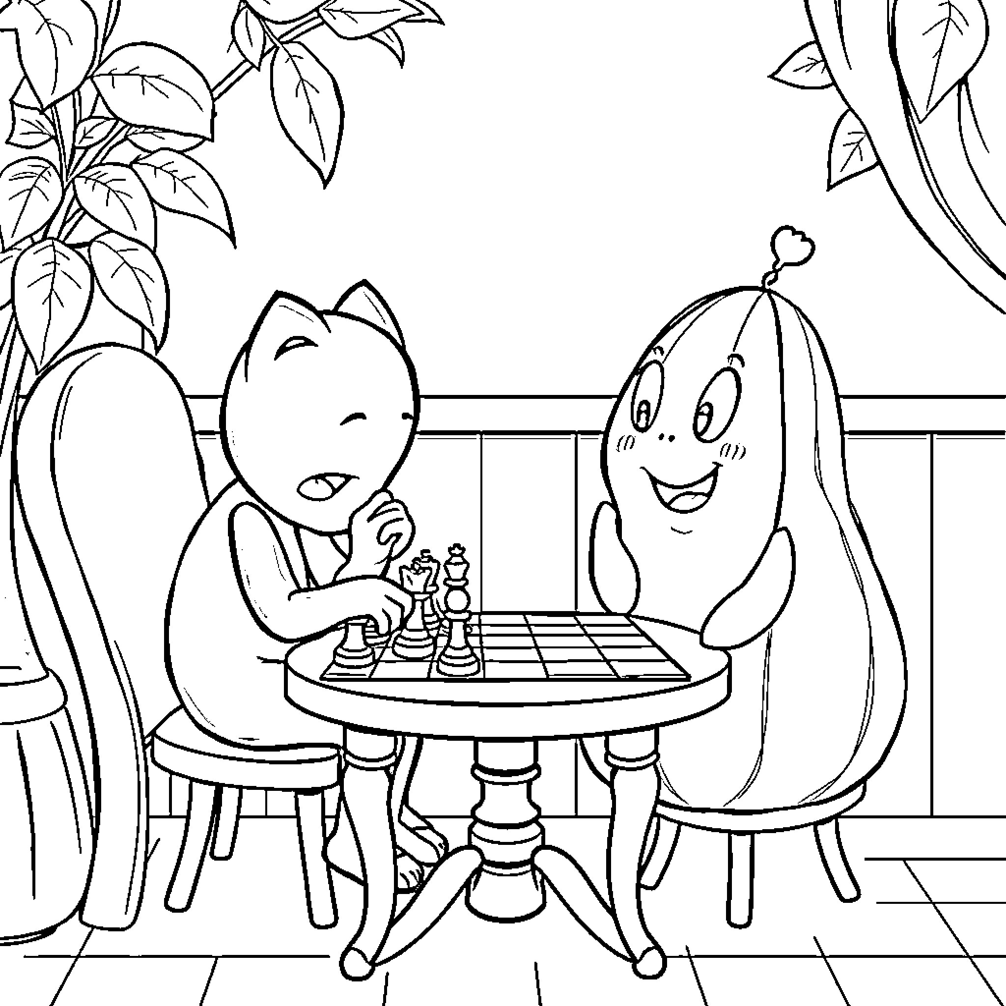 Bluey and friend playing chess together Coloring Page (free black-and-white line drawing printable PDF for all, from beginners to advanced learners, including children, teens, adults, and seniors)
