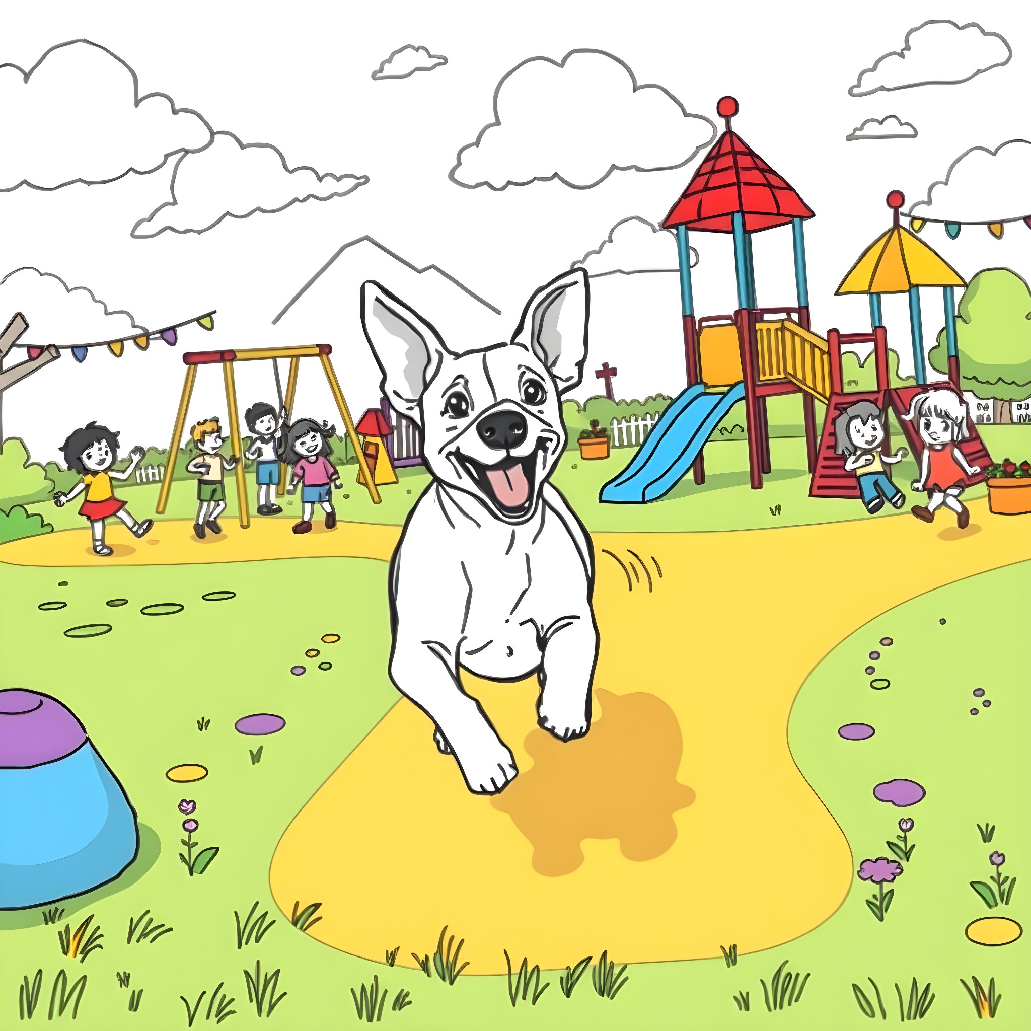 Jack Russell dog playing at a colorful playground Coloring Page (free black-and-white line drawing printable PDF for all, from beginners to advanced learners, including children, teens, adults, and seniors)