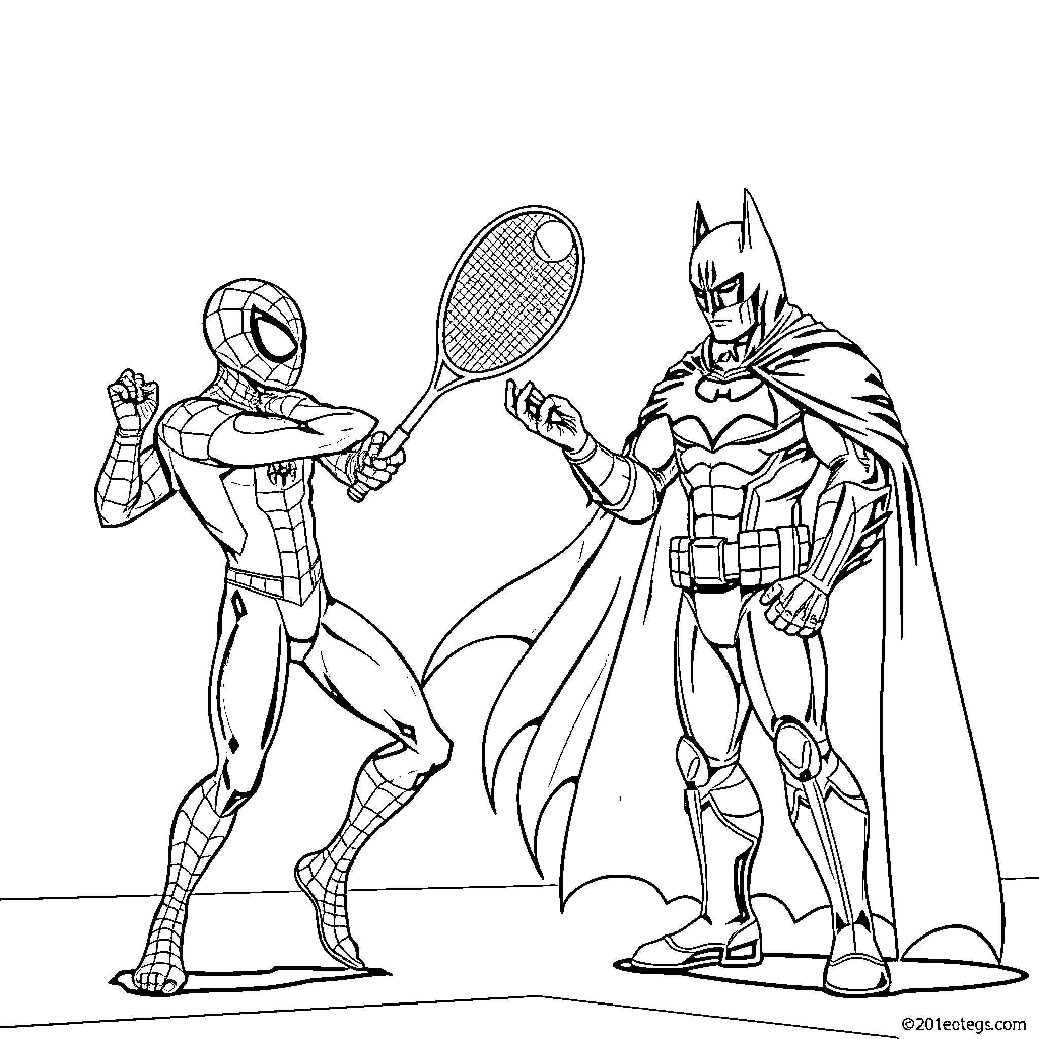 Spiderman and Batman engage in a tennis match Coloring Page (free black-and-white line drawing printable PDF for all, from beginners to advanced learners, including children, teens, adults, and seniors)