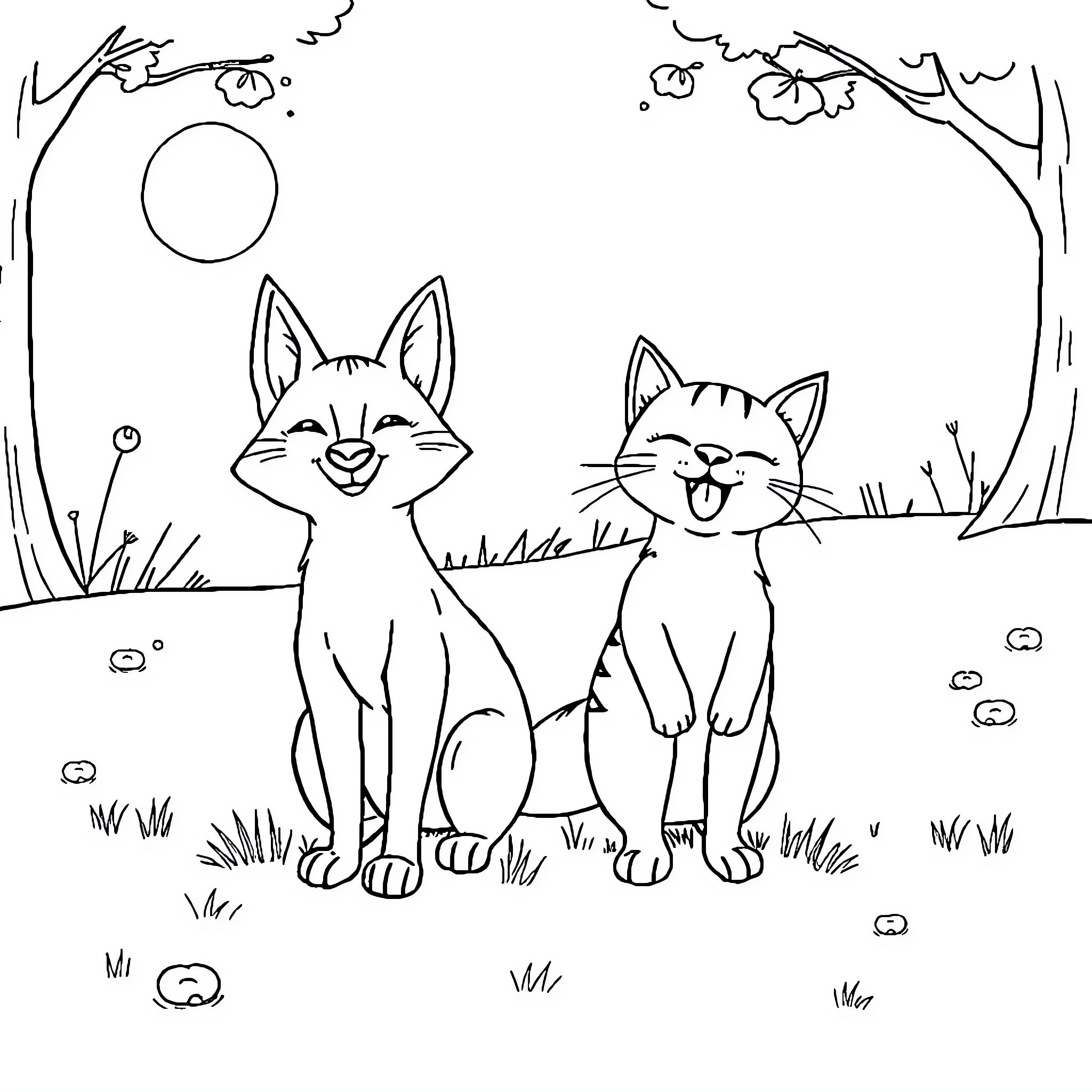 Fox and Cat playing happily in the forest Coloring Page (free black-and-white line drawing printable PDF for all, from beginners to advanced learners, including children, teens, adults, and seniors)