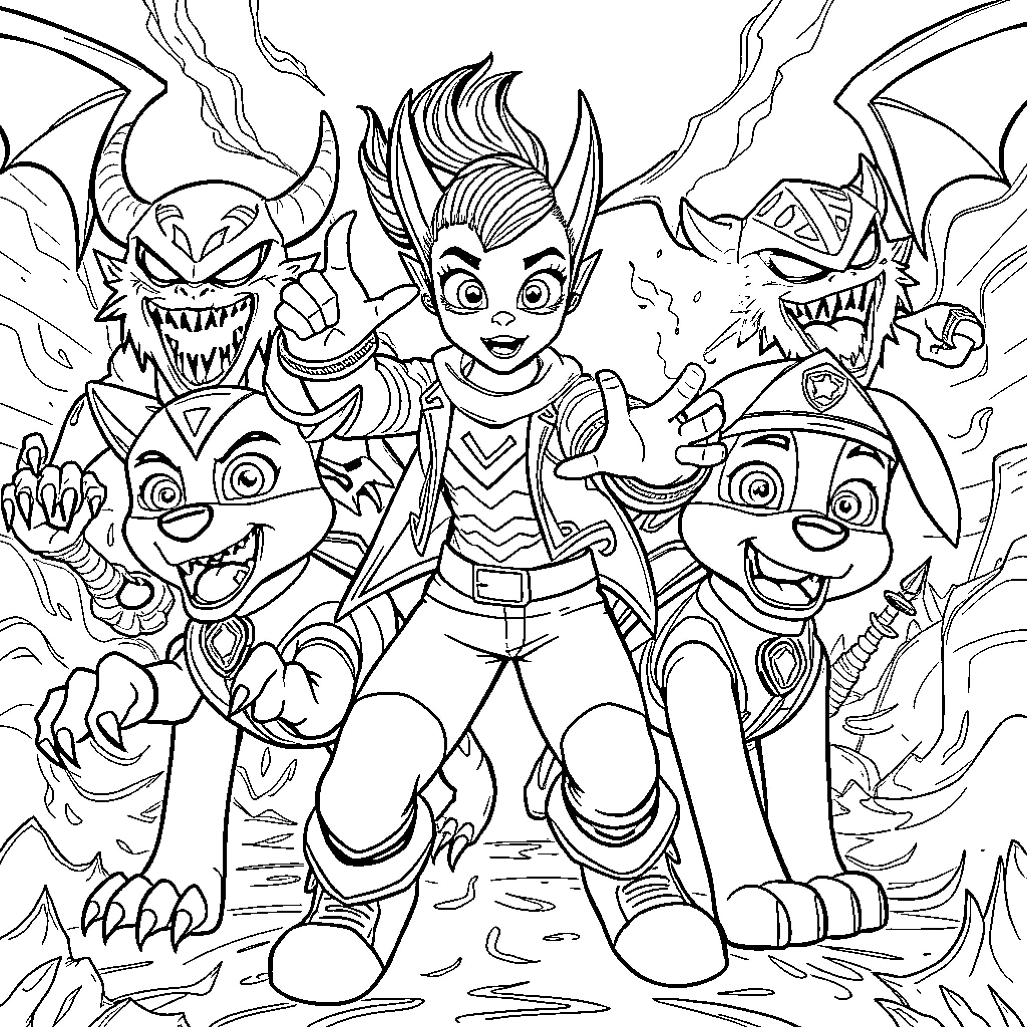Huntrix Battles Monstrous Foes in Fantastical Adventure Coloring Page (free black-and-white line drawing printable PDF for all, from beginners to advanced learners, including children, teens, adults, and seniors)